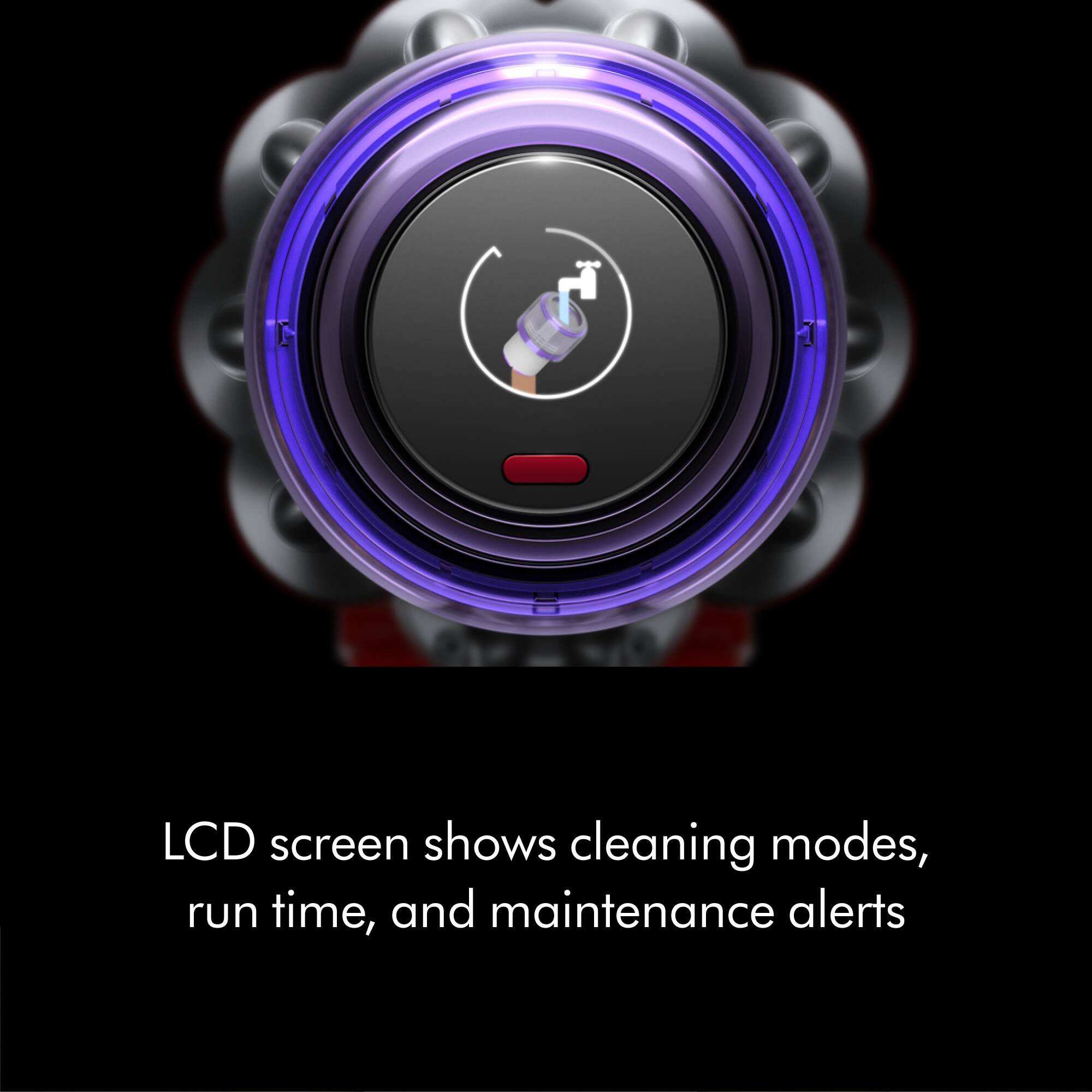 LCD screen shows cleaning modes, run time, and maintenance alerts.
