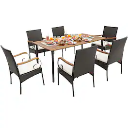 Costway - 7PCS Patio Wicker Dining Set Acacia Wood Armrests Table with Detachable Cushions &Umbrella Hole - Natural/Black/Mix Brown