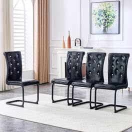 Loheer - Retro Faux Leather Dining Chairs Set of 4 with Crystal Buckle - Black