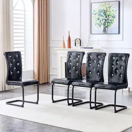 Front. Loheer - Retro Faux Leather Dining Chairs Set of 4 with Crystal Buckle - Black.