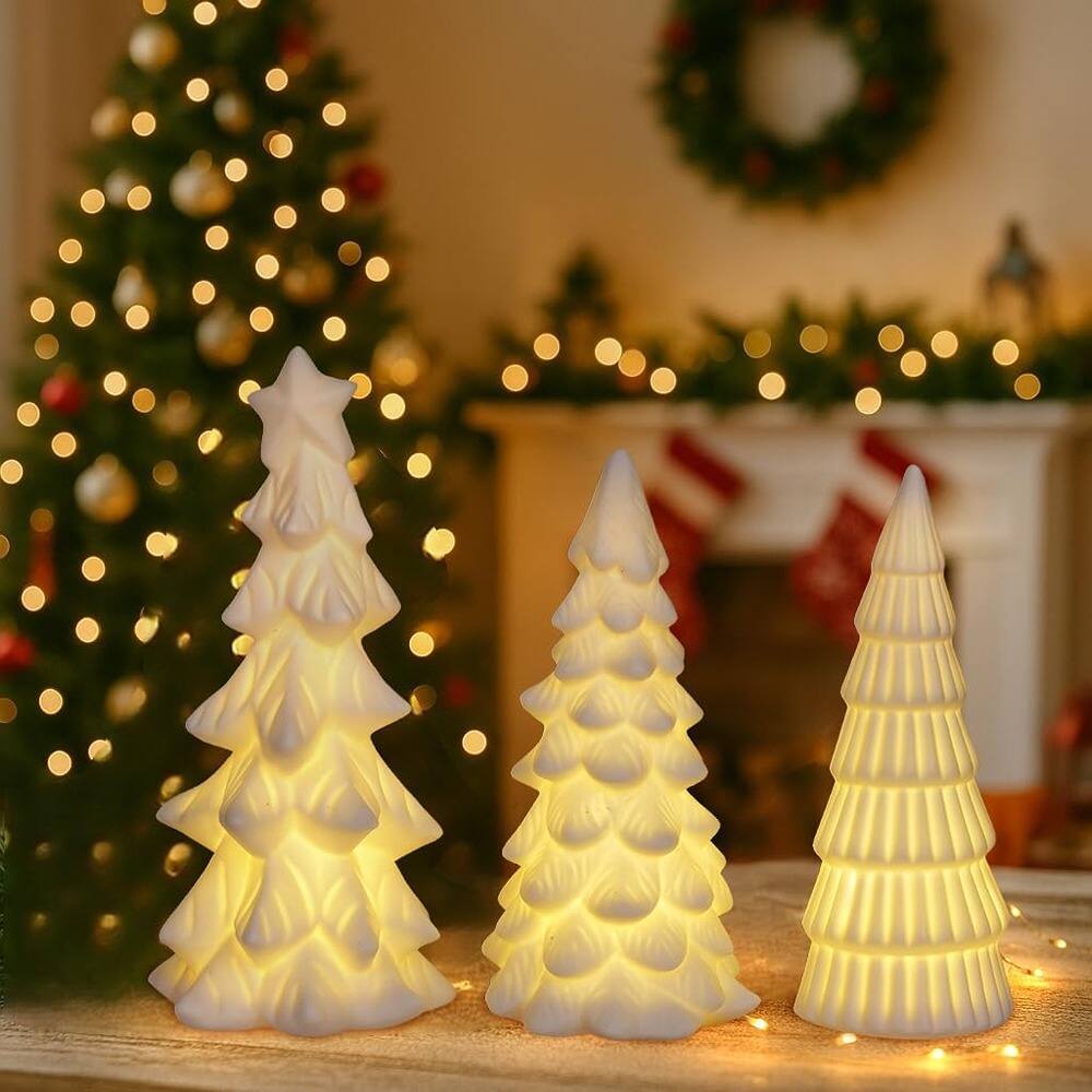 Angle. RTMB - 3-Piece Lighted Ceramic Christmas Tree Set for Tabletop, Mantel, Shelf, Fireplace Holiday Decorations - White.