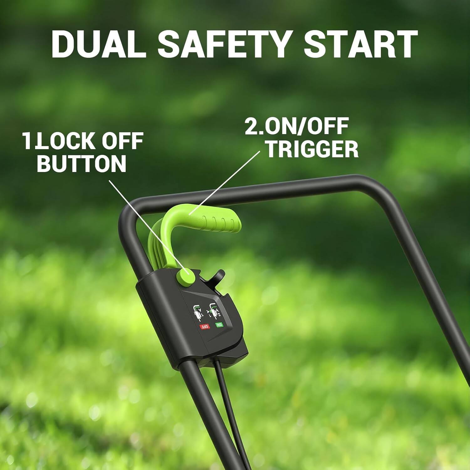 DUAL SAFETY START

1. LOCK OFF BUTTON

2. ON/OFF TRIGGER