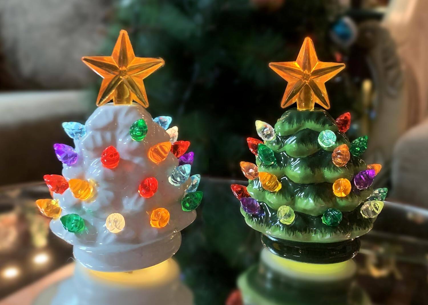 Angle. RTMB - 2-Pc 3.5" Ceramic Christmas Trees with Multicolor LED Lights & Star Topper - green, white.