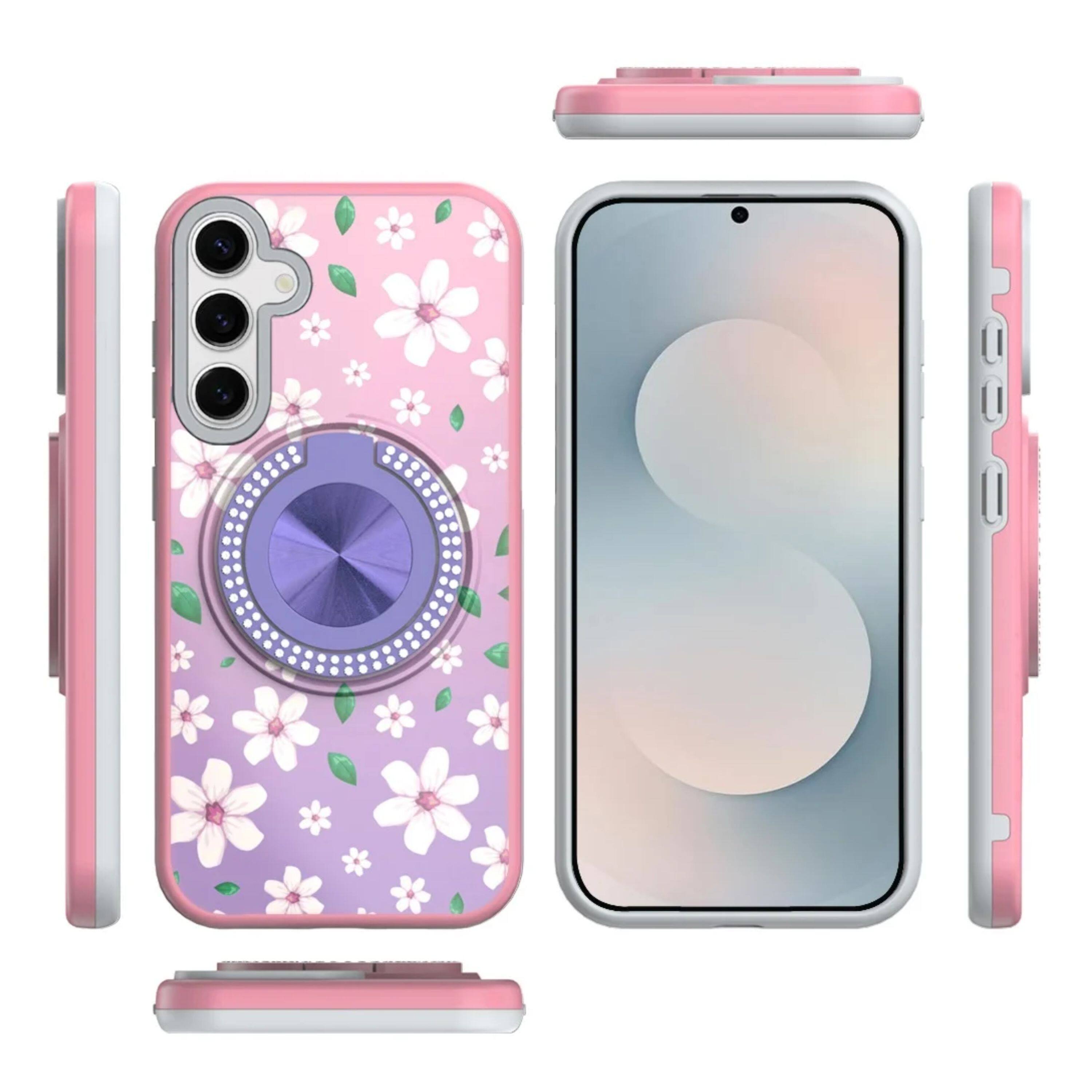 Angle. Kitcheniva - Printed Design Case With 360 Stand Tempered Glass For Samsung Galaxy S26+ Plus Floral B - Multicolor.