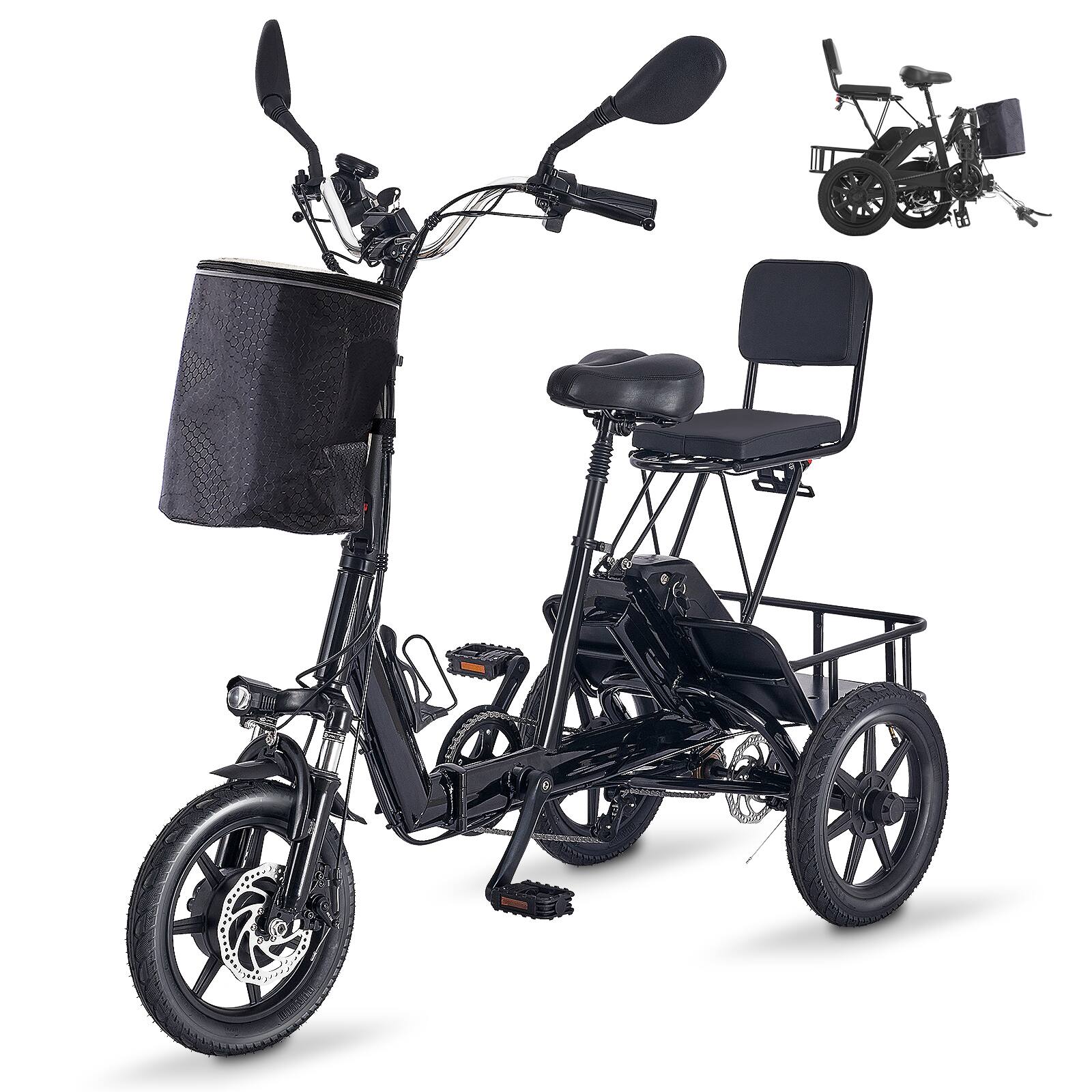 TinyHomie - Adult Folding Electric Trike 350W/500W 480Wh Battery 2 Seats - Black