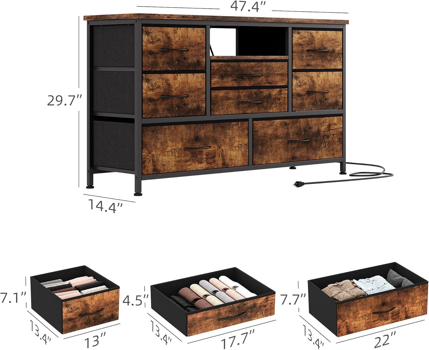 - Width: 47.4"
- Height: 29.7"
- Depth: 14.4"
- Drawer 1: 13.4" x 7.1" x 4.5"
- Drawer 2: 13" x 7.7" x 4.5"
- Drawer 3: 17.7" x 7.7" x 4.5"
- Drawer 4: 22" x 13.4" x 7.7"