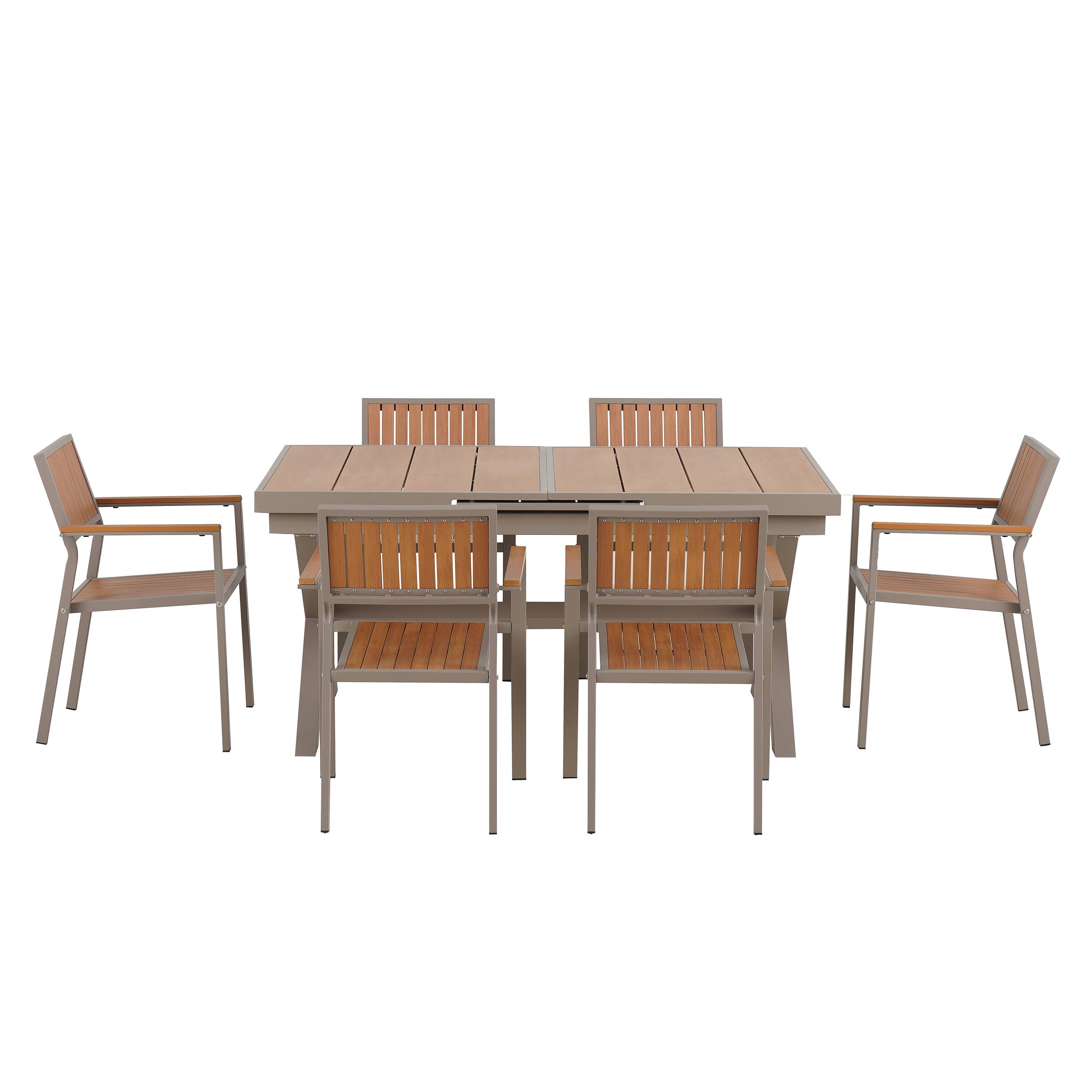 Back. Mondawe - 7-Piece Outdoor Dining Set with 6 Chairs and Extendable Table - Camel+Natural.