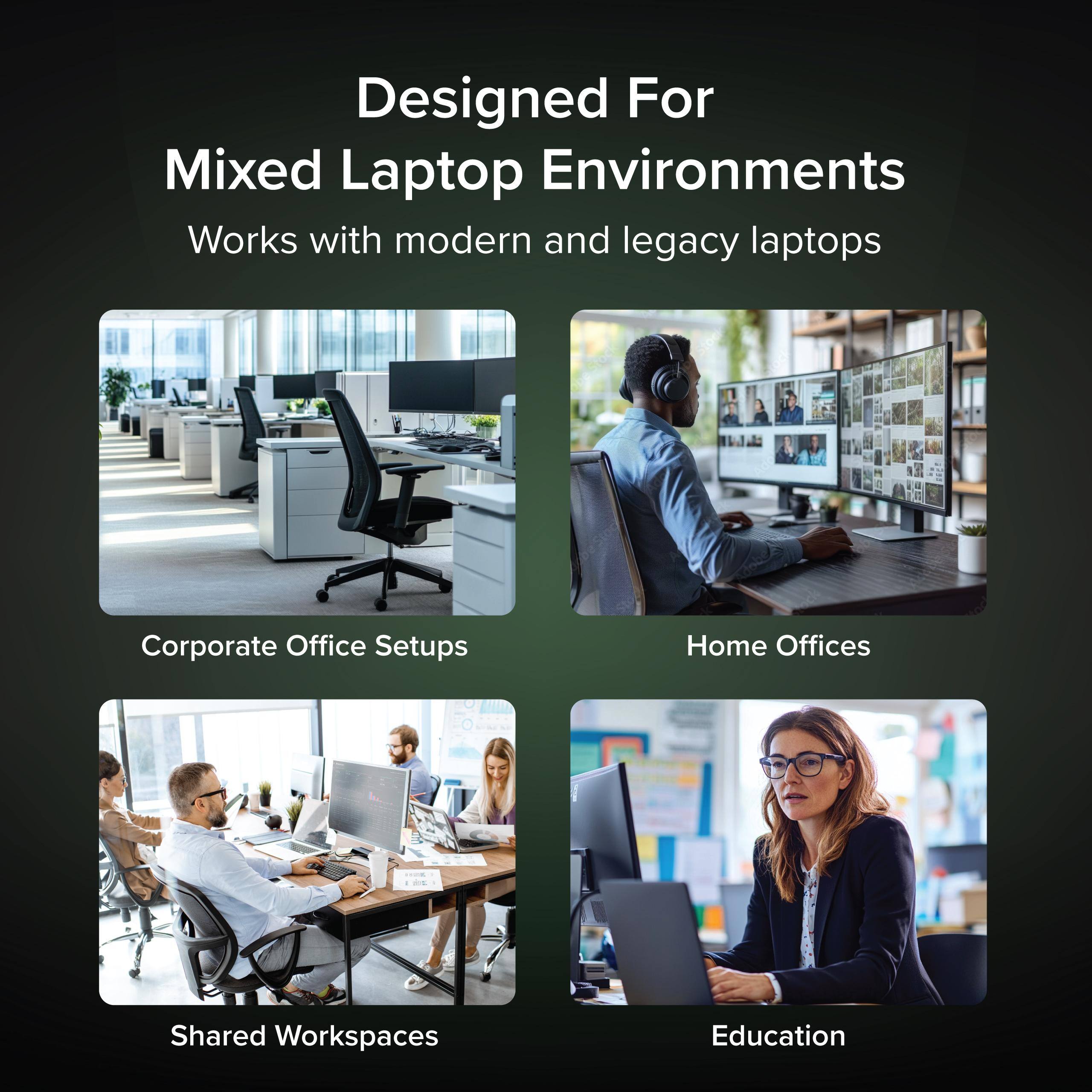 Designed For Mixed Laptop Environments  
Works with modern and legacy laptops  

Corporate Office Setups  
Home Offices  
Shared Workspaces  
Education