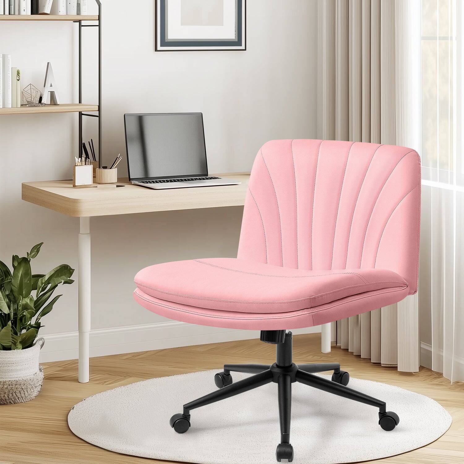 Back. Neo Chair - Criss Cross Chair with Wheels, Armless Cross-Legged Office Desk Chair, PU Leather Rolling Vanity Chair for Home Office - Leather-Pink.