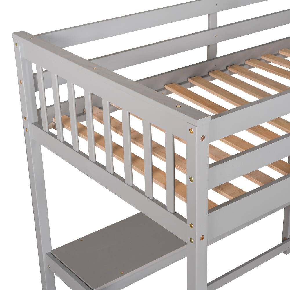 Alt View 7. Loheer - Loheer Twin Loft Bed with Desk and Storage Shelves, Solid Pine Wood Space-Saving Bed Frame, Gray - Gray.