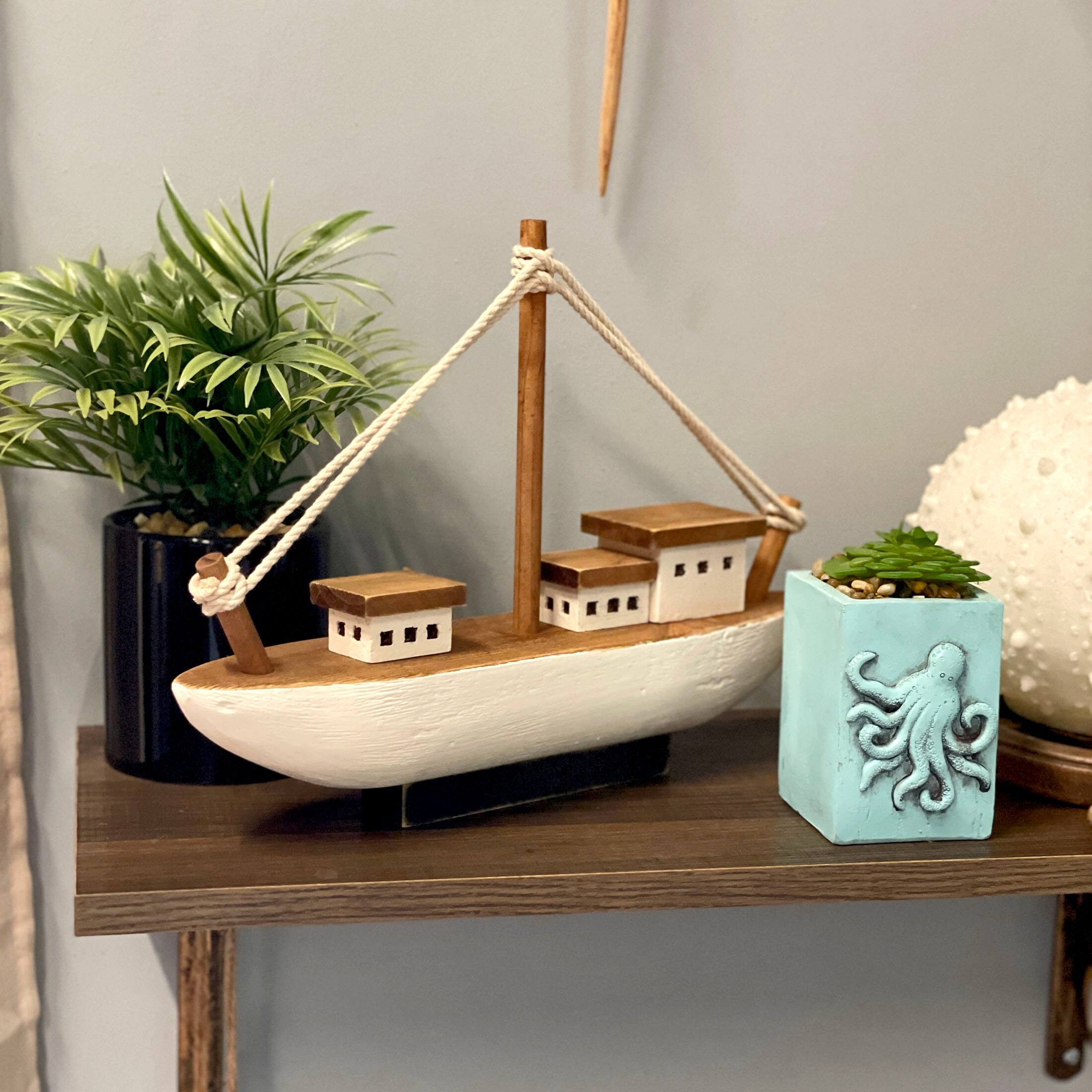 Alt View 3. Chesapeake Bay - 13.5in Wood Fishing Boat Statue Nautical Decor Handcrafted Ship Modell - White.