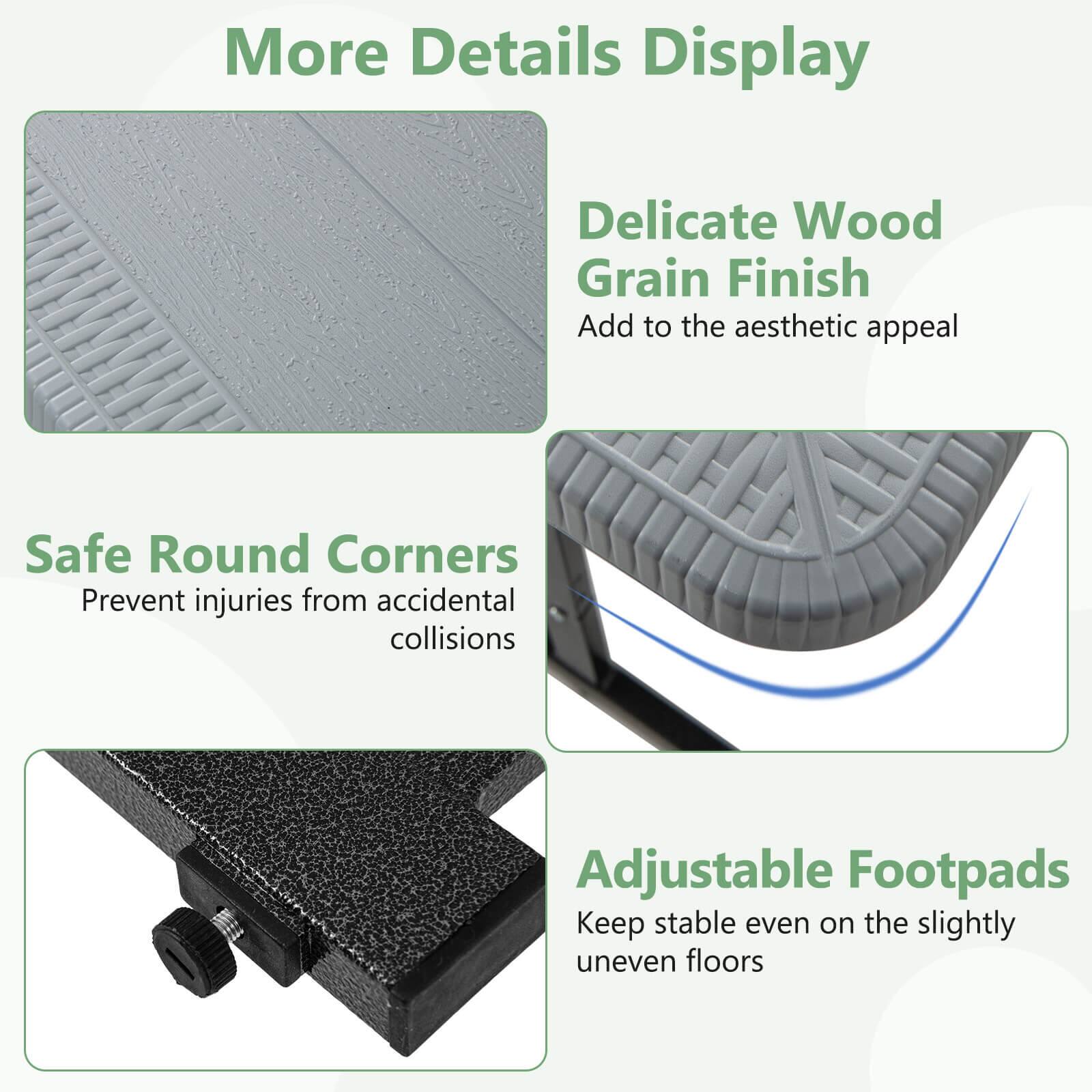 More Details Display: Delicate Wood Grain Finish, Add to the aesthetic appeal. Safe Round Corners: Prevent injuries from accidental collisions. Adjustable Footpads: Keep stable even on the slightly uneven floors.