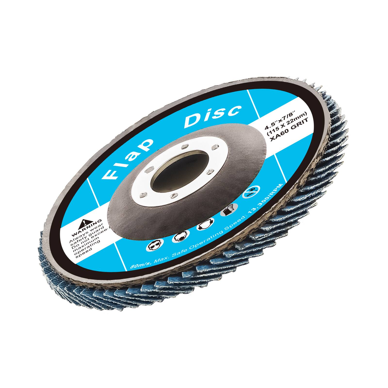 Flap Disc  
4.5" x 7/8" (115 x 22mm)  
XA60 GRIT  

Operating Speed: 13,300 RPM / 300 m/s  
Max. Safe Operating Speed: 80 m/s  

WARNING:  
Always use personal protective equipment.  
Do not use the disc beyond the maximum operating speed.  
Do not use the disc on a machine with a guard that restricts airflow.  
Do not use the disc on a machine with a guard that restricts airflow.  
Do not use the disc on a machine with a guard that restricts airflow.