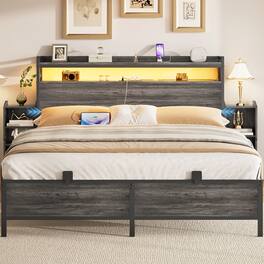 Aheaplus - Full Size Bed Frame with Storage Headboard, Platform Bed Frame with Outlets, LED Light, and 2 Side Sliding Cabinets - Gray Oak