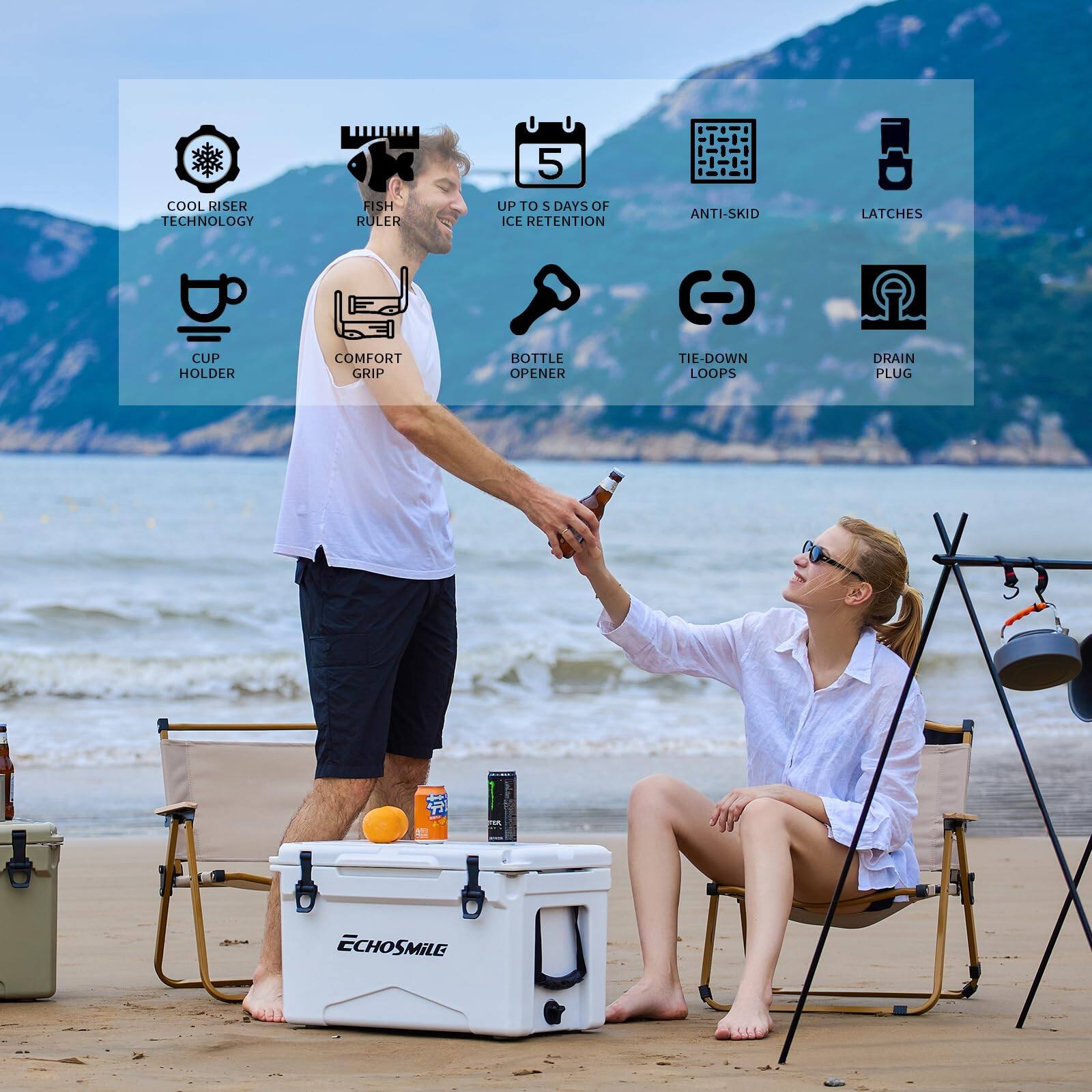 Here is the corrected and grouped text:

- Cool Riser Technology
- Fish Ruler
- Up to 5 Days of Ice Retention
- Anti-Skid
- Latches
- Cup Holder
- Comfort Grip
- Bottle Opener
- Tie-Down Loops
- Drain Plug