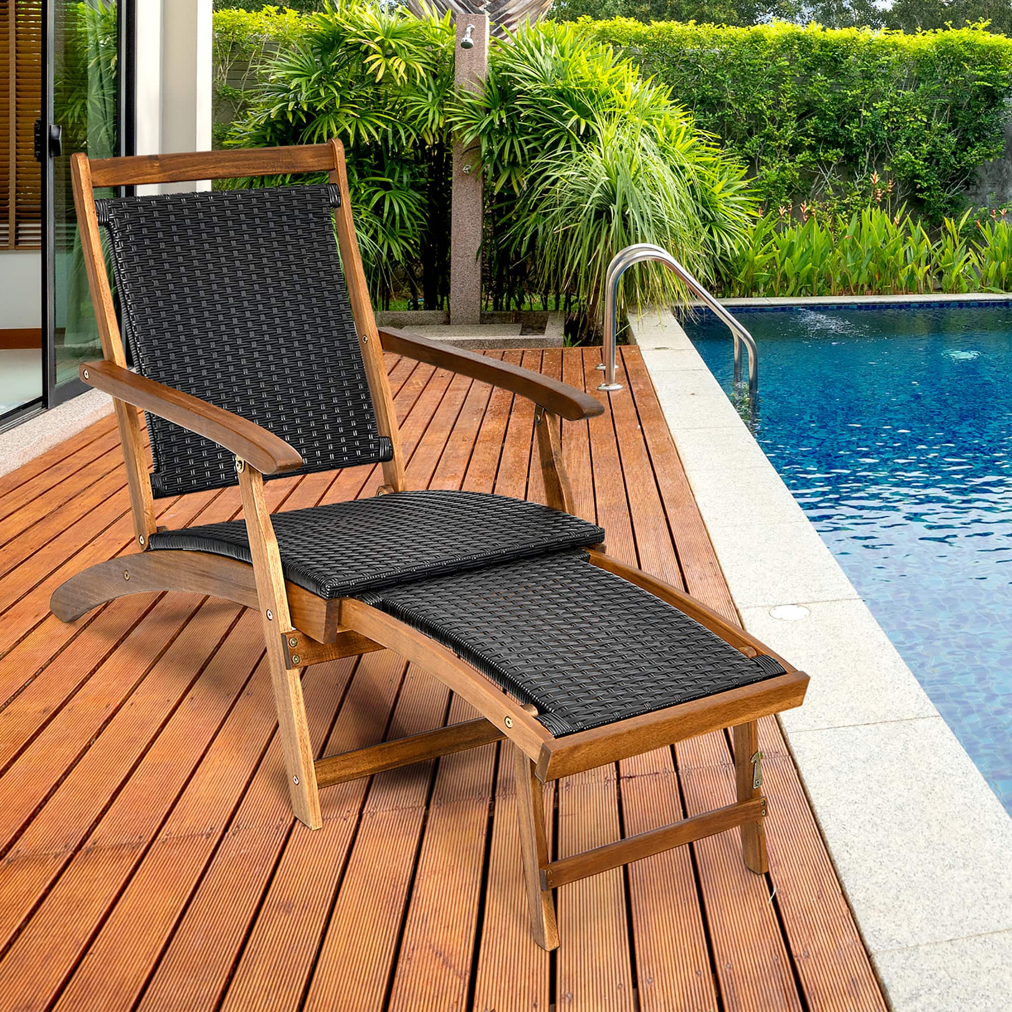 Alt View 1. Costway - Patio Folding Rattan Lounge Chair Wooden Frame W/ Retractable Footrest - Black & Natural.