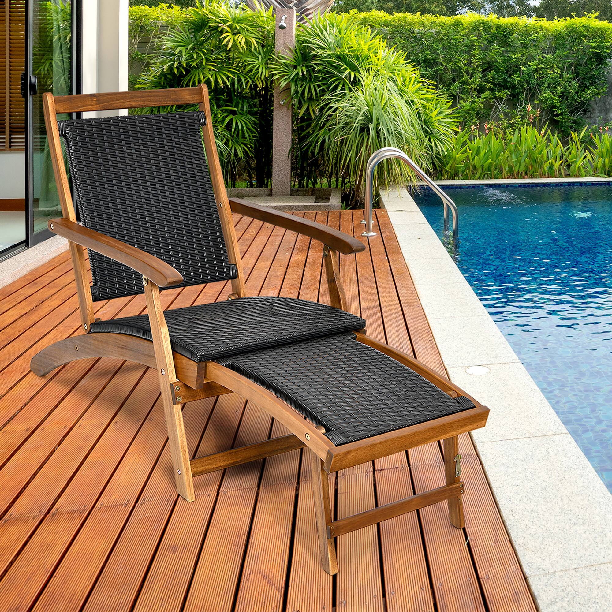 Alt View 1. Costway - Patio Folding Rattan Lounge Chair Wooden Frame W/ Retractable Footrest - Black & Natural.
