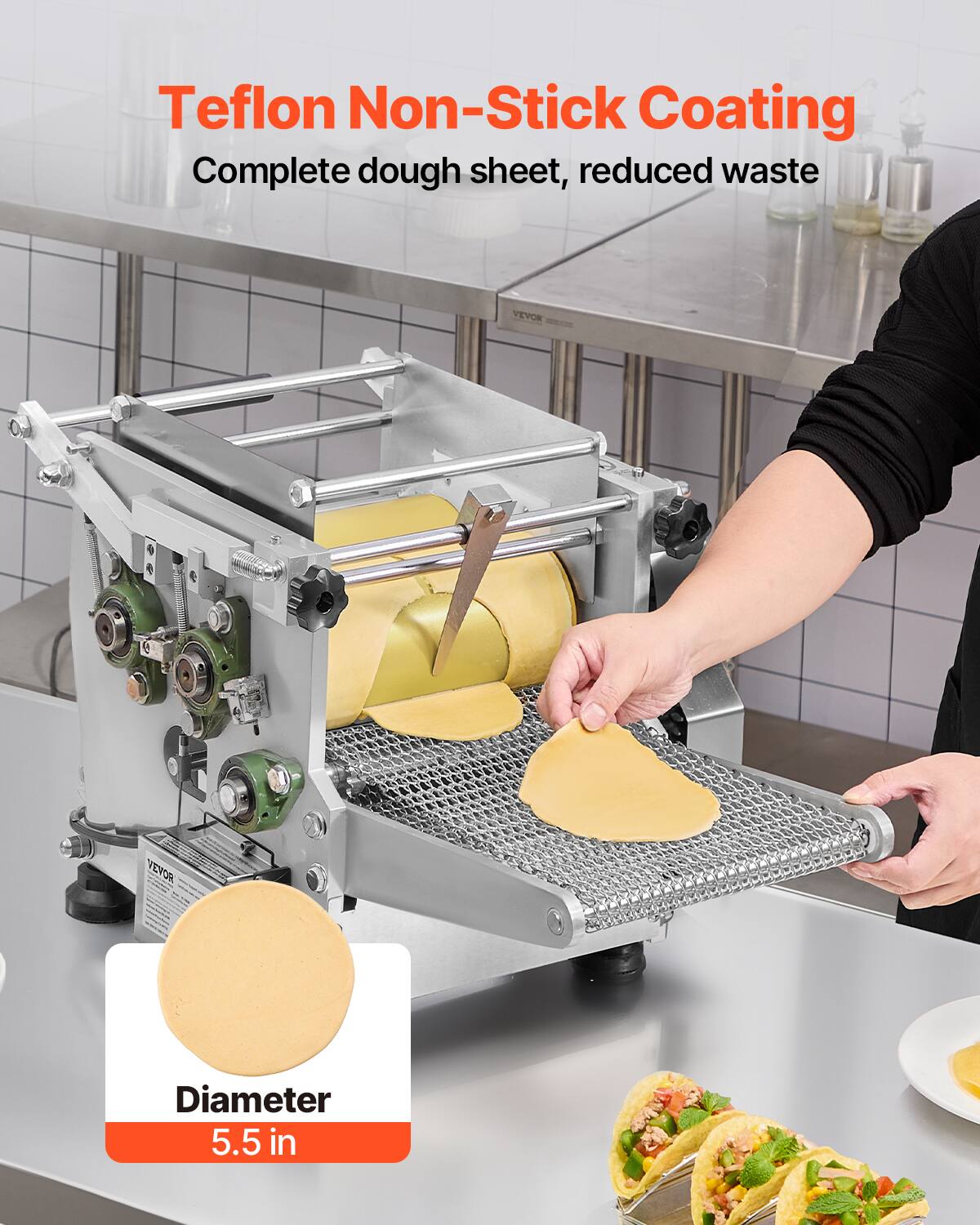 Teflon Non-Stick Coating  
Complete dough sheet, reduced waste  

Diameter  
5.5 in