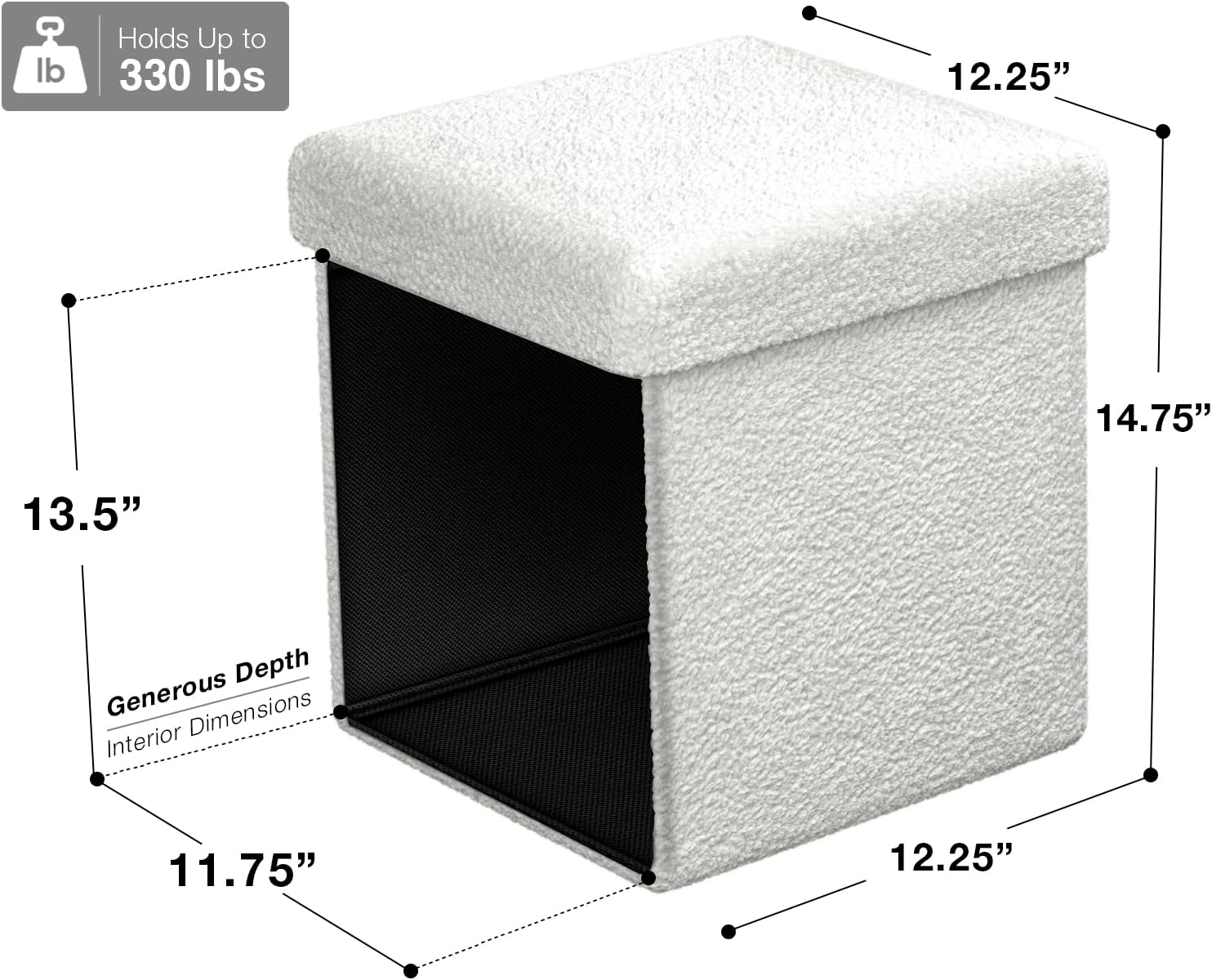 Holds Up to 330 lbs

12.25"  
14.75"  
13.5" Depth  
Generous Dimensions  
Interior 11.75"  
12.25"