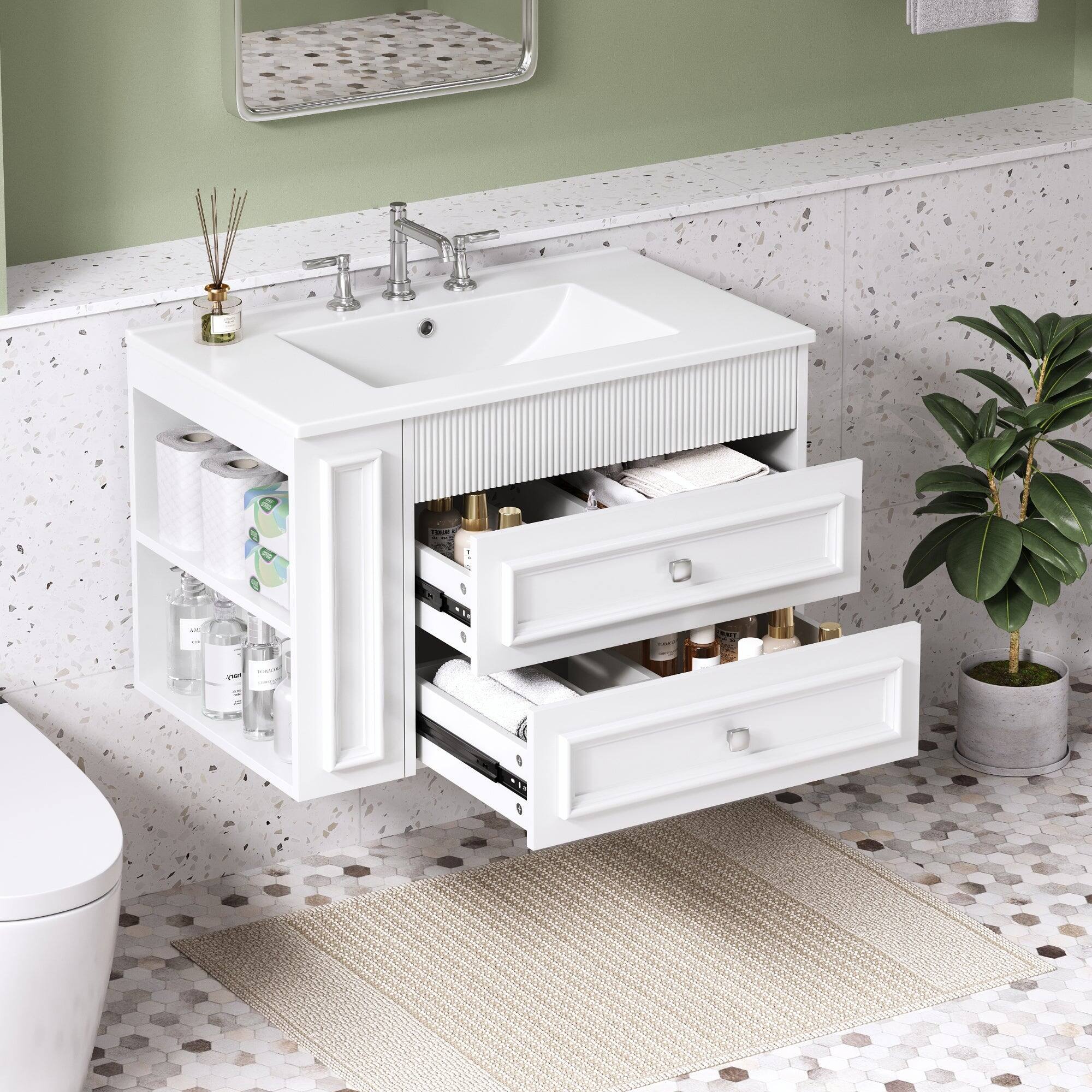 Alt View 2. Boyel Living - 30 Inch Wall Mounted Bathroom Vanity with Ceramic Sink and Two Drawers White - White.
