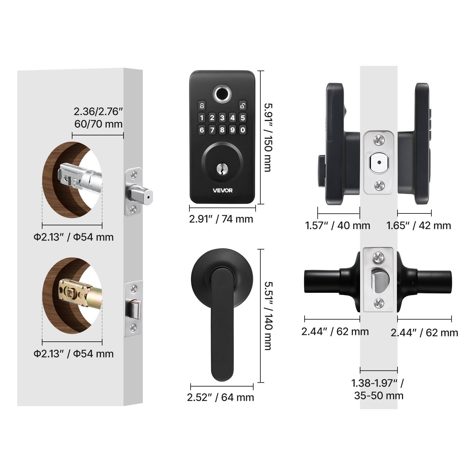 2.36/2.76" 60/70 mm  
2.13" / 54 mm  
2.91" / 74 mm  
5.91" / 150 mm  
1.57" / 40 mm  
1.65" / 42 mm  
2.13" / 54 mm  
5.51" / 140 mm  
2.44" / 62 mm  
2.44" / 62 mm  
2.52" / 64 mm  
1.38-1.97" / 35-50 mm