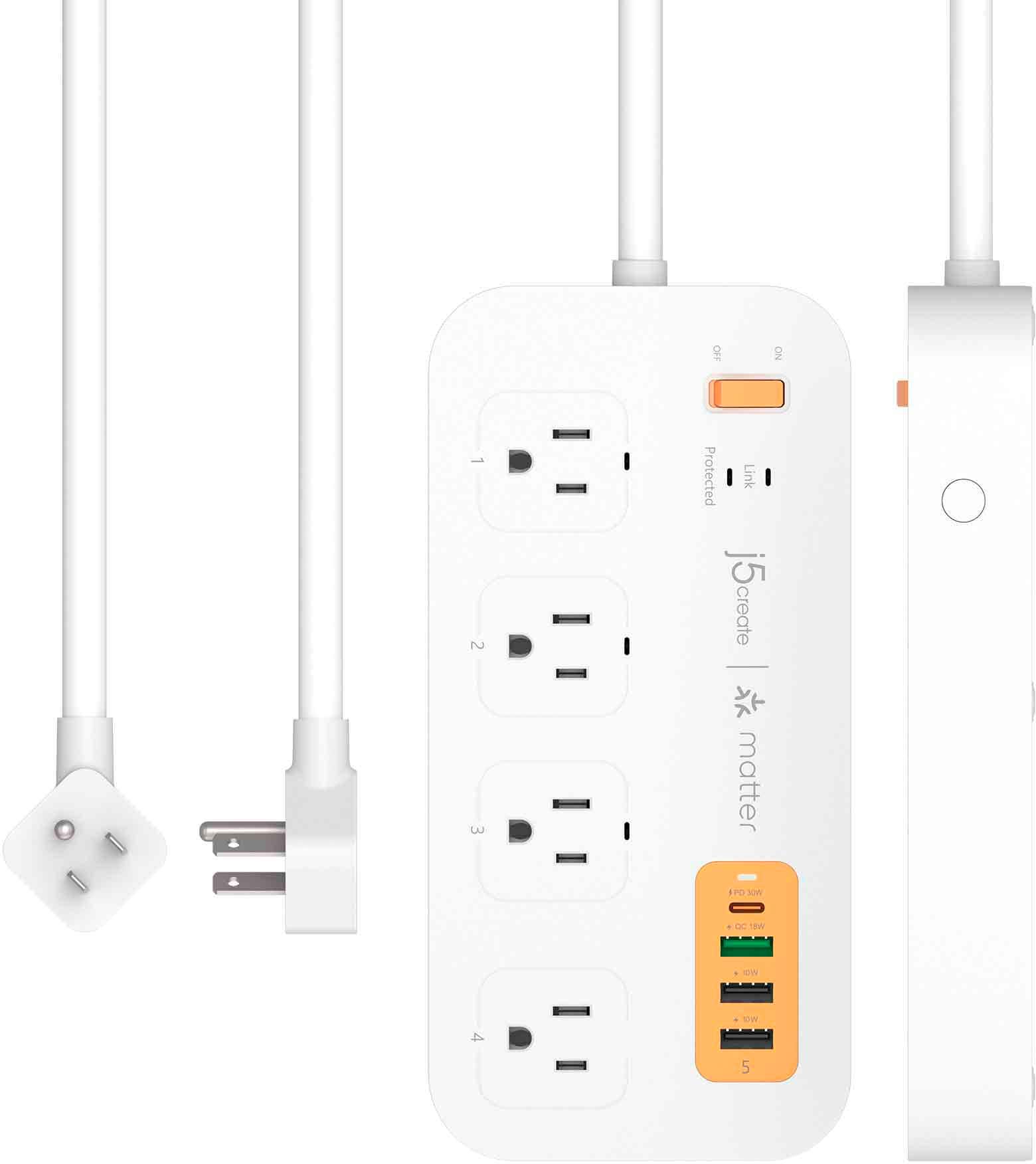 The text on the image reads: "OFF ON 2 3 Protected Link j5 j5create create matter rOS0 DC AN ww Wor 5." This text is likely related to the electronic device, such as a power strip or a surge protector, and provides information about its features and functions.