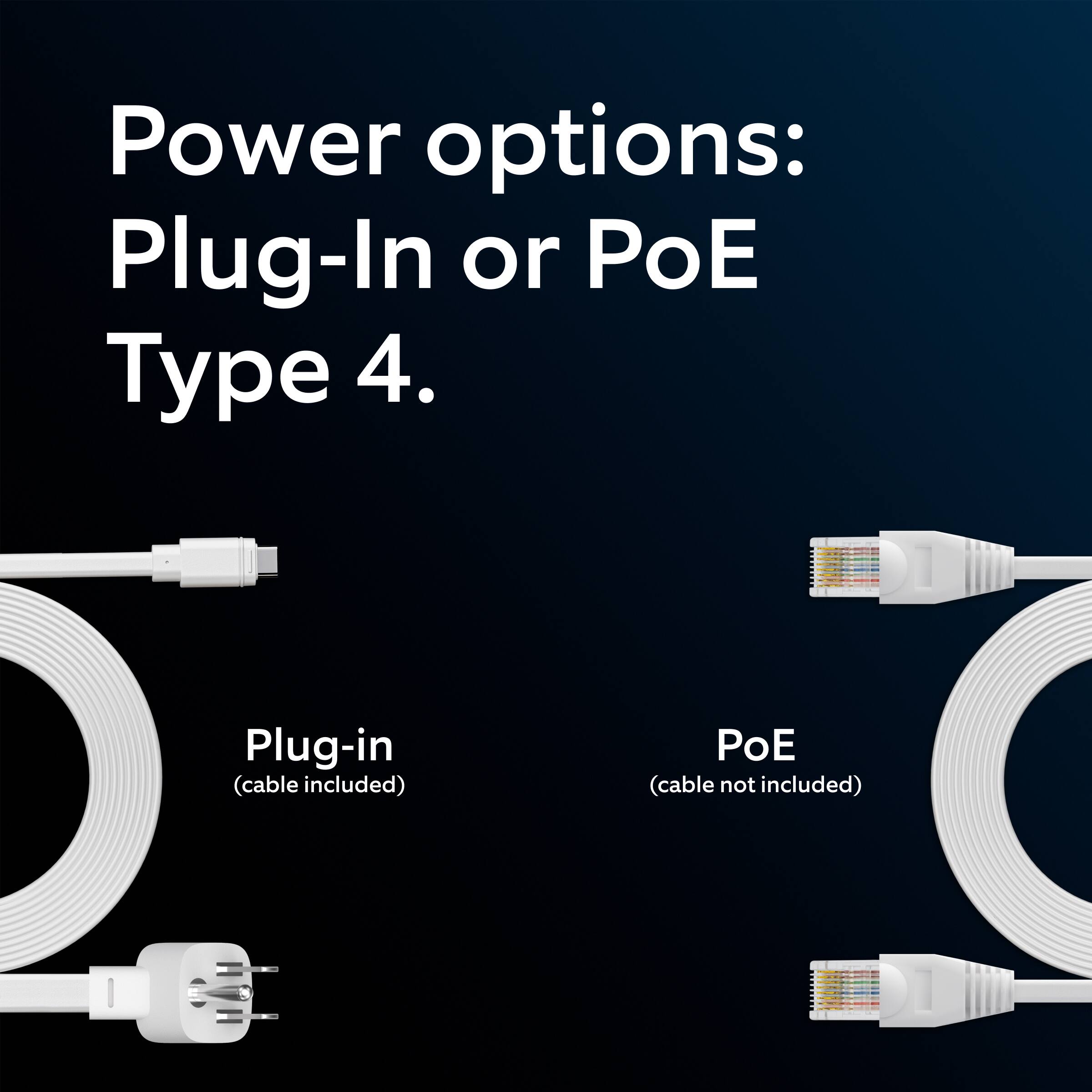 Power options: Plug-In or PoE Type 4.

Plug-in (cable included)

PoE (cable not included)
