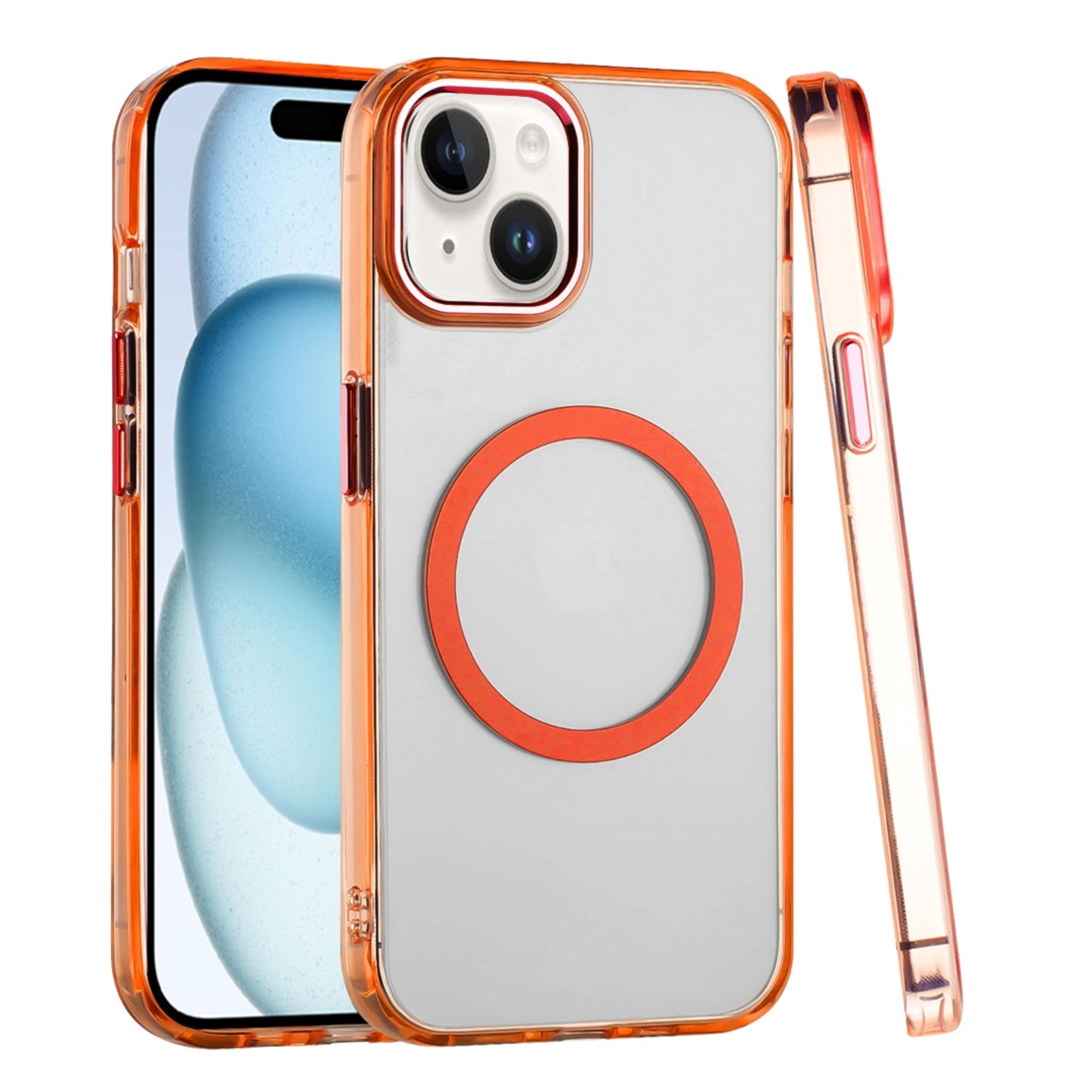 Kitcheniva - Trans-Clear Metal Buttons Phone Case With 2 Pcs Tempered Glass For iPhone 15 Plus - Cosmic Orange