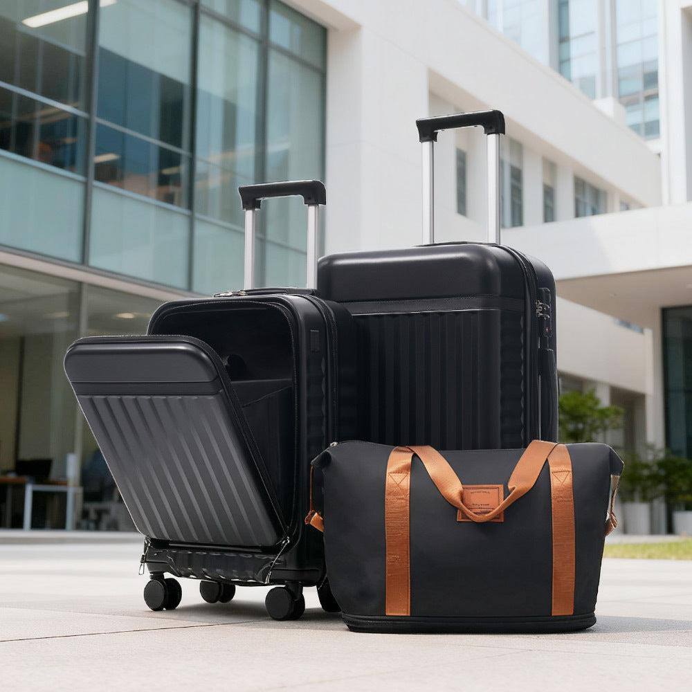 Angle. BreeBe - 3-Piece Front-Opening Hardshell Luggage Set, Carry-On Suitcases with USB Port, Expandable, Spinner Wheels, TSA Lock - Black.