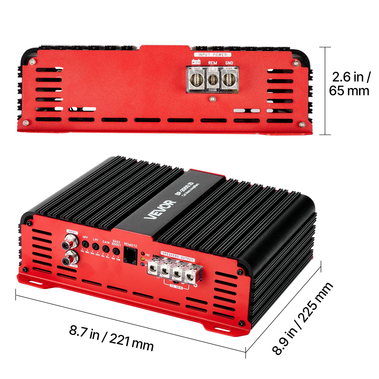 INPUT POWER  
VSI+  
REM  
GND  
2.6 in / 65 mm  
12  
-2000.1D Mono Amplifier BP Car VEVOR NPOT TYPE LPF CAIN BASS BOOST REMOTE SAL EN 10% SAI PAT SPEAKERS 86 DI 12 OUTPUT WE OF MIN 8.7 in / 221 mm  
8.9 in / 225 mm