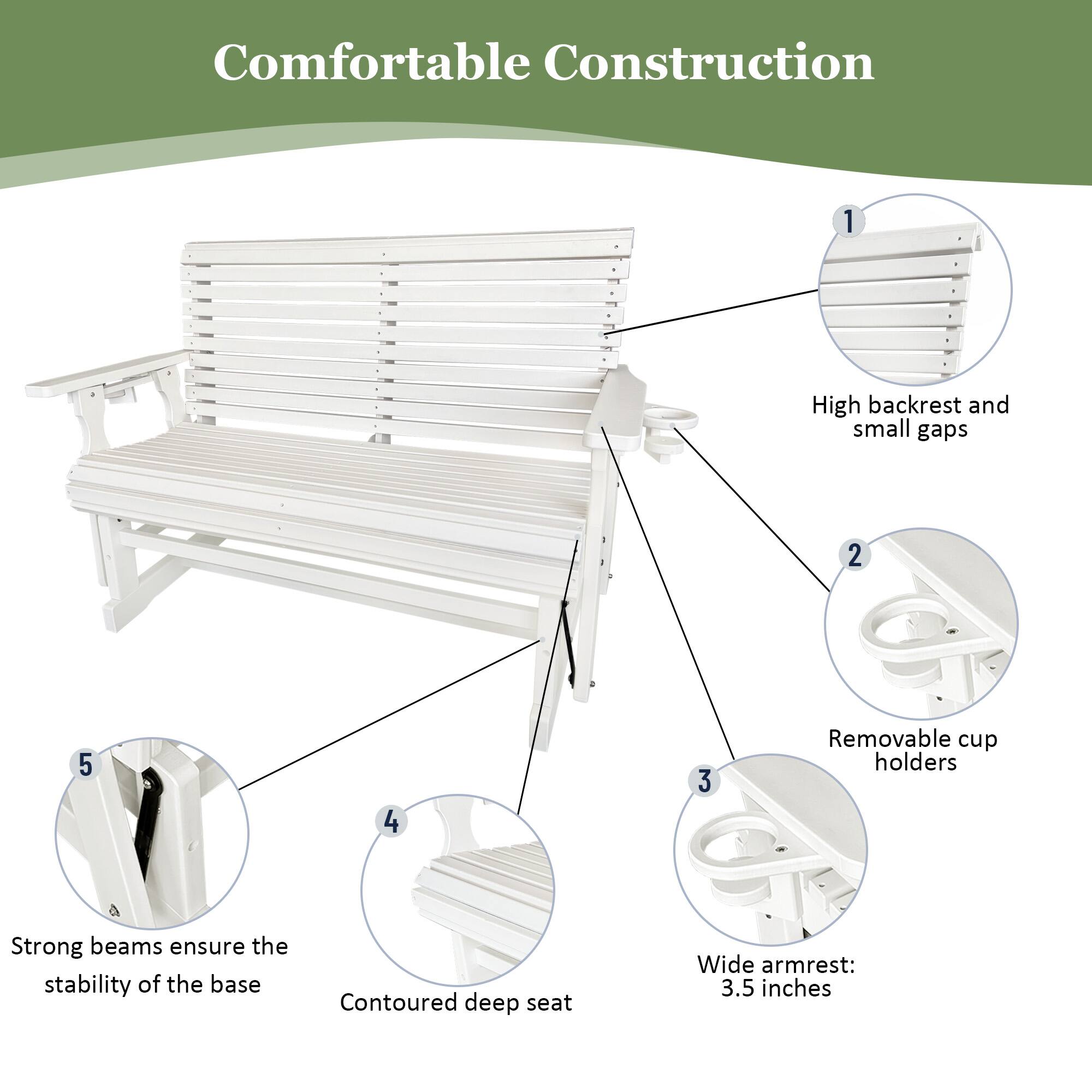Comfortable Construction

1. High backrest and small gaps
2. Removable cup holders
3. Wide armrest: 3.5 inches
4. Contoured deep seat
5. Strong beams ensure the stability of the base