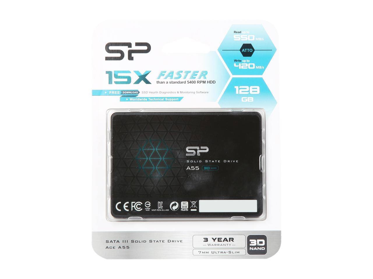 SP  
15X FASTER than a standard 5400 RPM HDD  
FREE DOWNLOAD SSD Health Diagnostics & Monitoring Software  
Worldwide Technical Support  

Read up to 550 MB/s  
Write up to 420 MB/s  
128 GB  

SP  
SOLID STATE DRIVE  
A55  
30 NAND  

SATA III SOLID STATE DRIVE  
ACE A55  
3 YEAR WARRANTY  
7MM ULTRA-SLIM  
3D NAND  

CEFC  
RoHS  
MSI-REM-SSL-A56