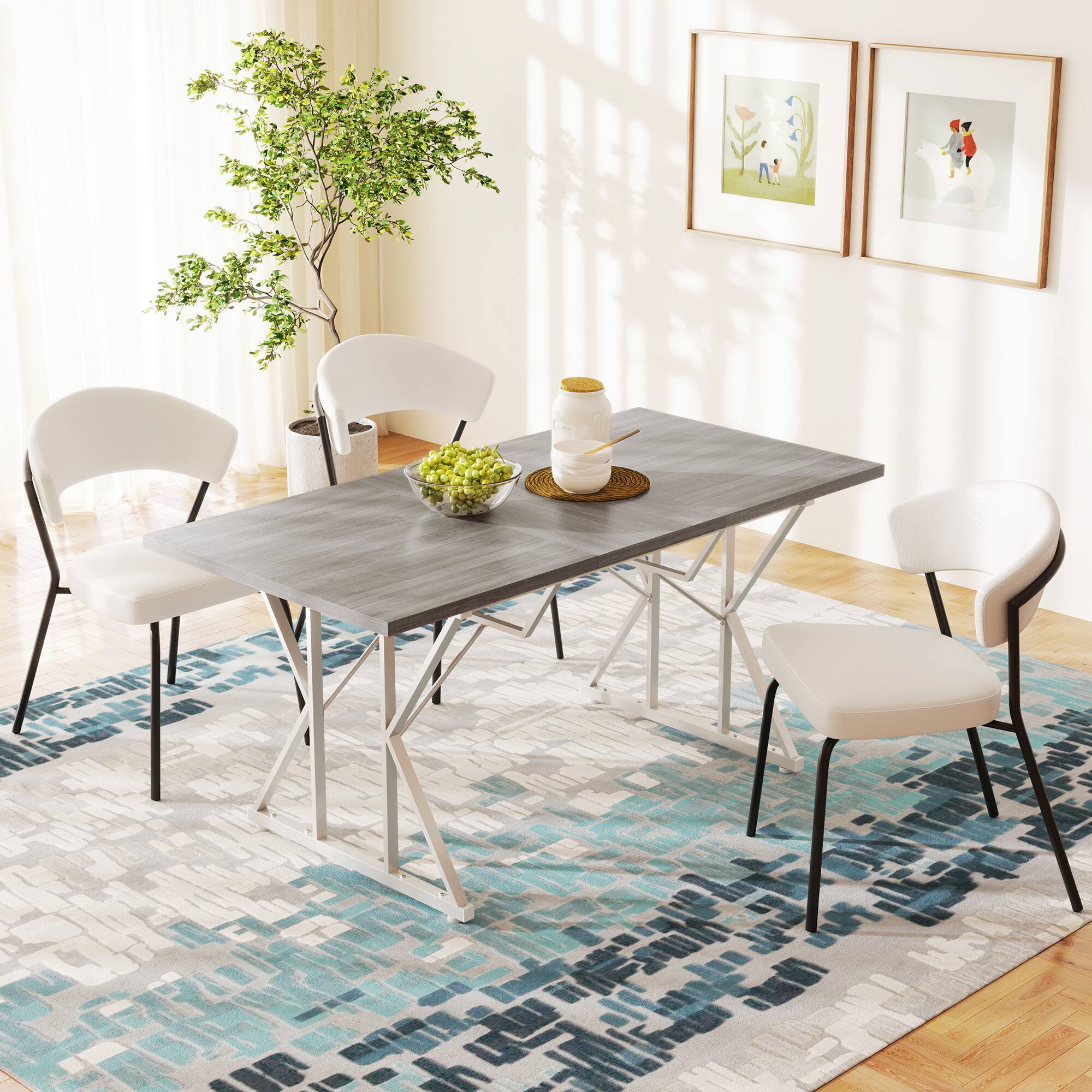 Alt View 1. Homcom - 47"-63" Expandable Dining Table for 4-6 People, Farmhouse Extendable Dining Room Table with Metal Trestle Base - Distressed Gray.