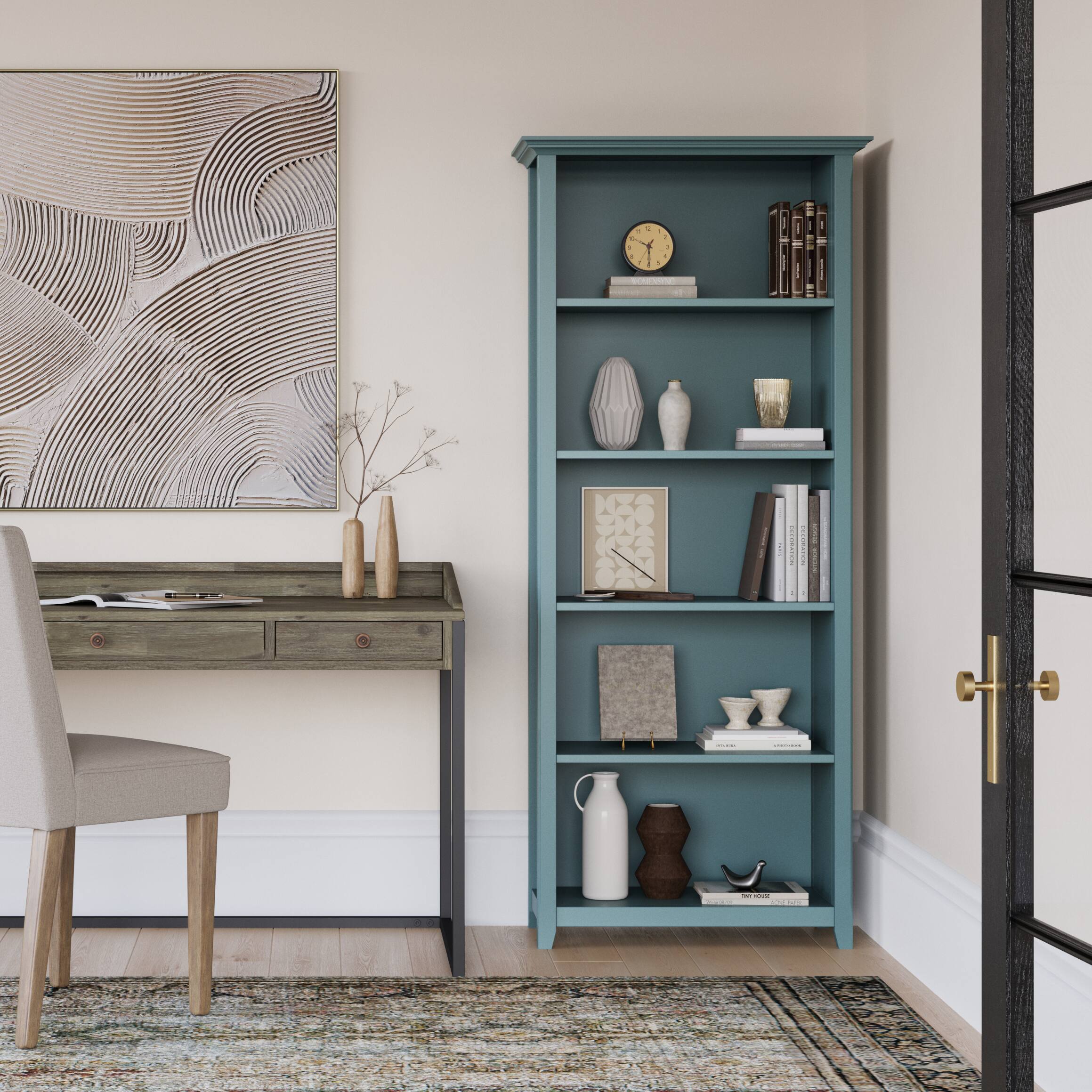 Angle. Simpli Home - Simpli Home Amherst 30 inch Wide Solid Wood Transitional 5 Shelf Bookcase in French Blue - French Blue.