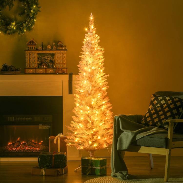 Alt View 1. PULUZ - 5ft Pencil Christmas Tree, Slim Artificial Christmas Tree with Realistic Branches and Warm White LED Lights - Pink.