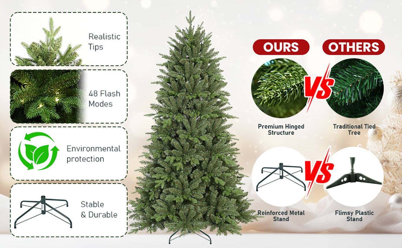 - Realistic Tips
- 48 Flash Modes
- Environmental protection
- Stable & Durable

**OURS**  
- Premium Hinged Structure  
- Reinforced Metal Stand

**VS**

**OTHERS**  
- Traditional Tied Tree  
- Flimsy Plastic Stand