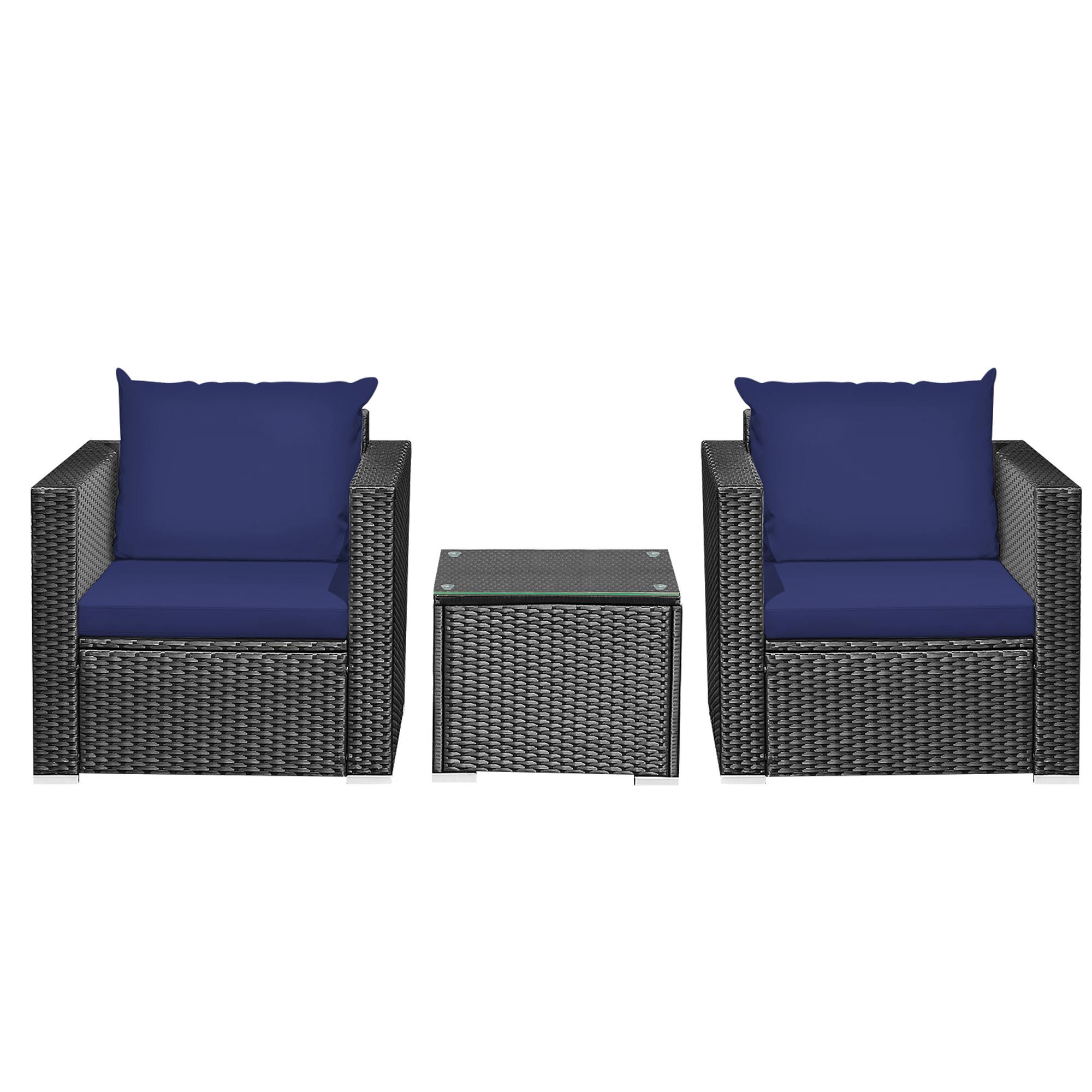 Alt View 4. Gymax - Gymax 3PCS Rattan Patio Conversation Furniture Set Outdoor w/ Navy Cushions - Black.