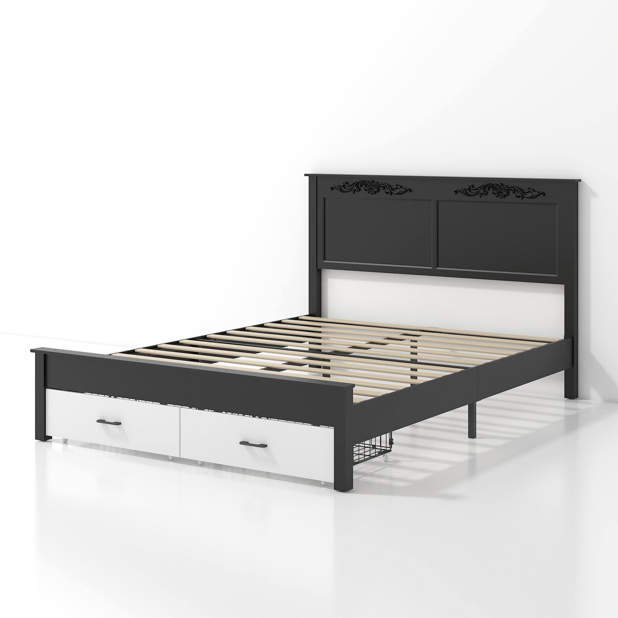 Alt View 1. LUCKY ONE - Queen size Rustic Bed Frame with Two Storage Drawers - Black+White.