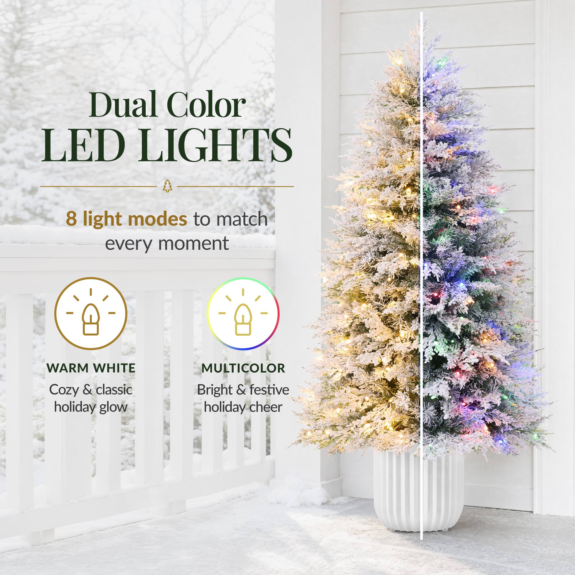 Dual Color LED LIGHTS  
8 light modes to match every moment  
WARM WHITE Cozy & classic holiday glow  
MULTICOLOR Bright & festive holiday cheer