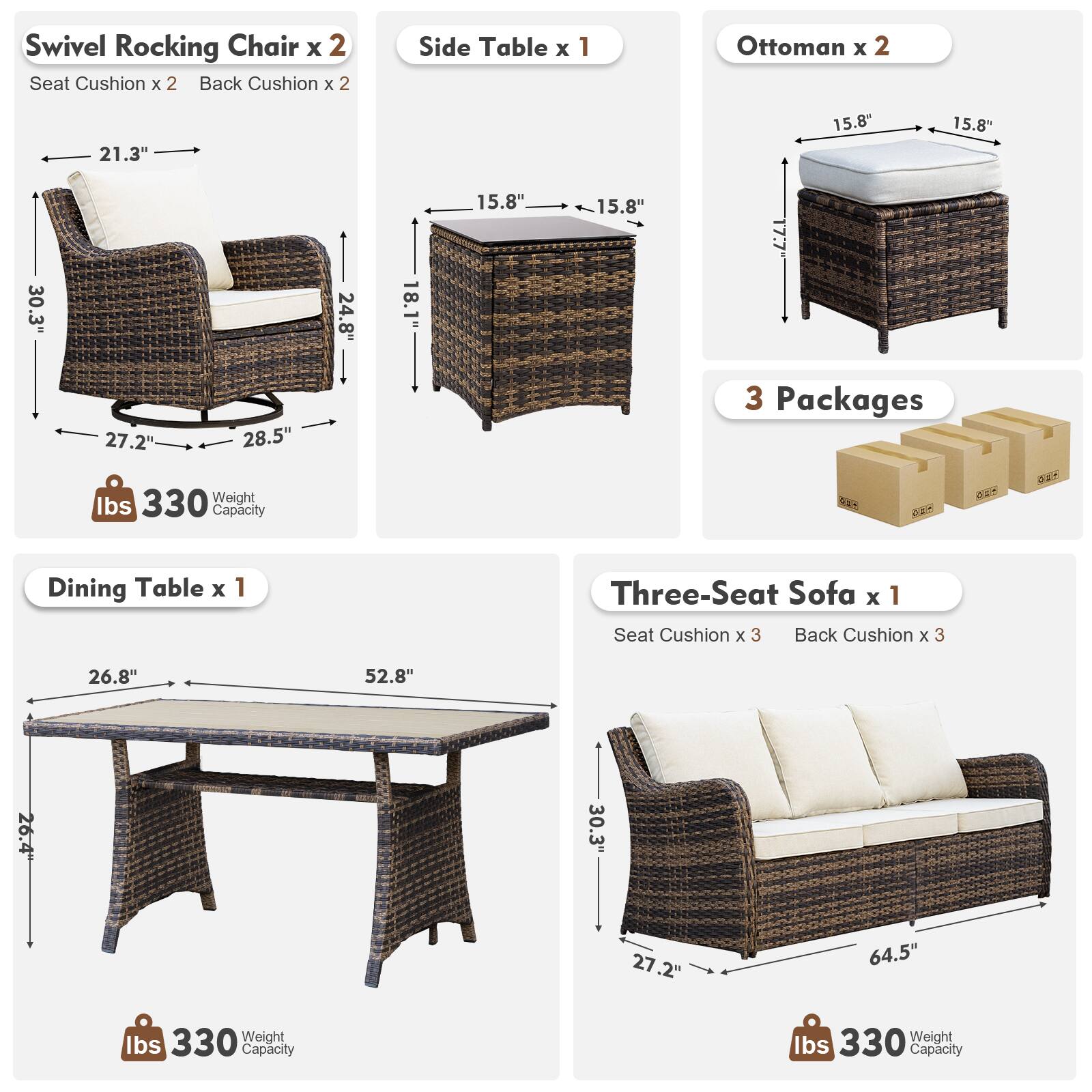 Swivel Rocking Chair x 2  
Seat Cushion x 2  
Back Cushion x 2  

Side Table x 1  

Ottoman x 2  

Dining Table x 1  

Three-Seat Sofa x 1  
Seat Cushion x 3  
Back Cushion x 3  

3 Packages  

Dimensions:  
- Swivel Rocking Chair: 21.3" W x 24.8" H x 27.2" D  
- Side Table: 15.8" W x 15.8" D x 18.1" H  
- Ottoman: 15.8" W x 15.8" D x 15.8" H  
- Dining Table: 26.8" W x 52.8" L x 26.4" H  
- Three-Seat Sofa: 64.5" W x 27.2" D x 30.3" H  

Weight Capacity: 330 lbs