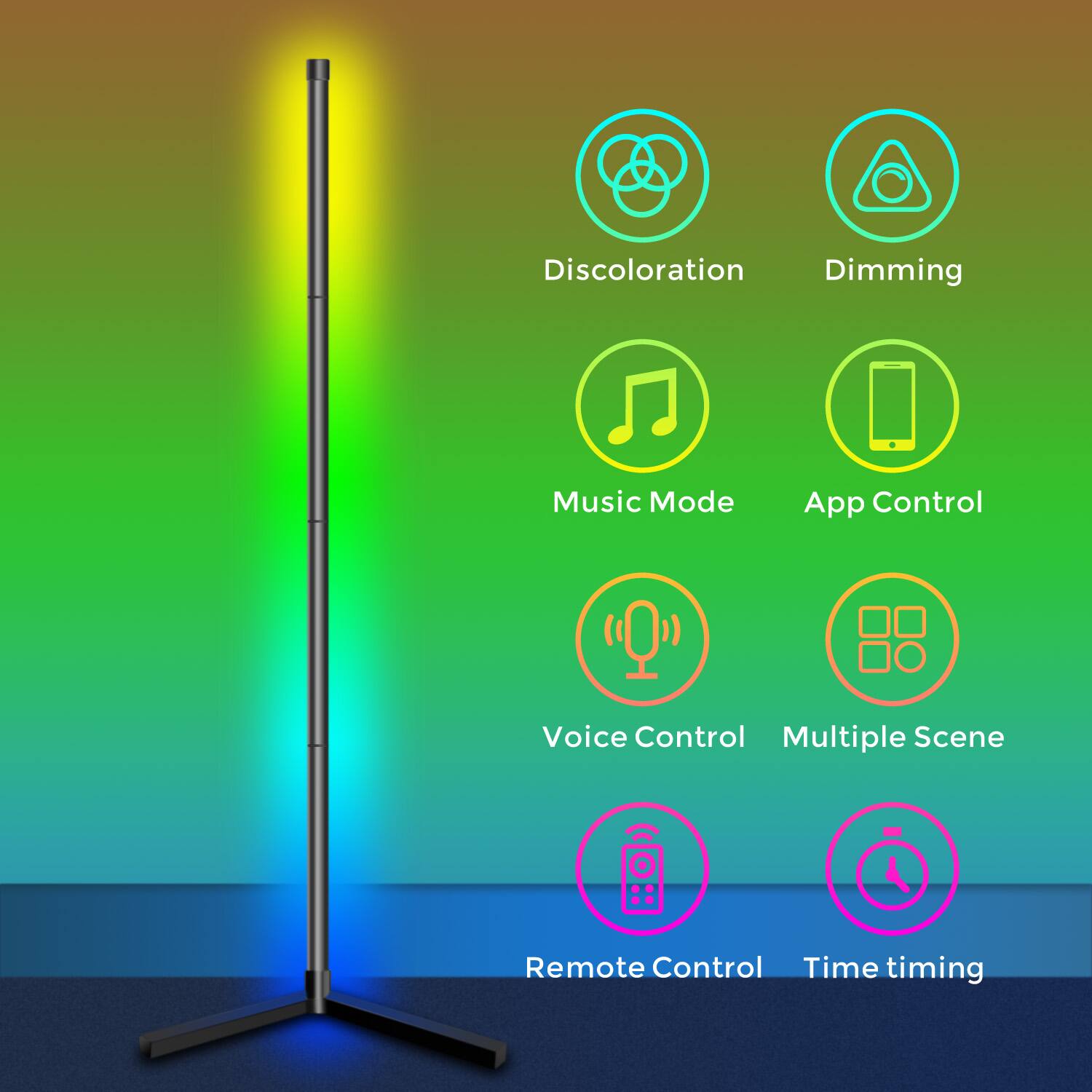 Discoloration, Dimming, Music Mode, App Control, Voice Control, Multiple Scene, Remote Control, Time timing