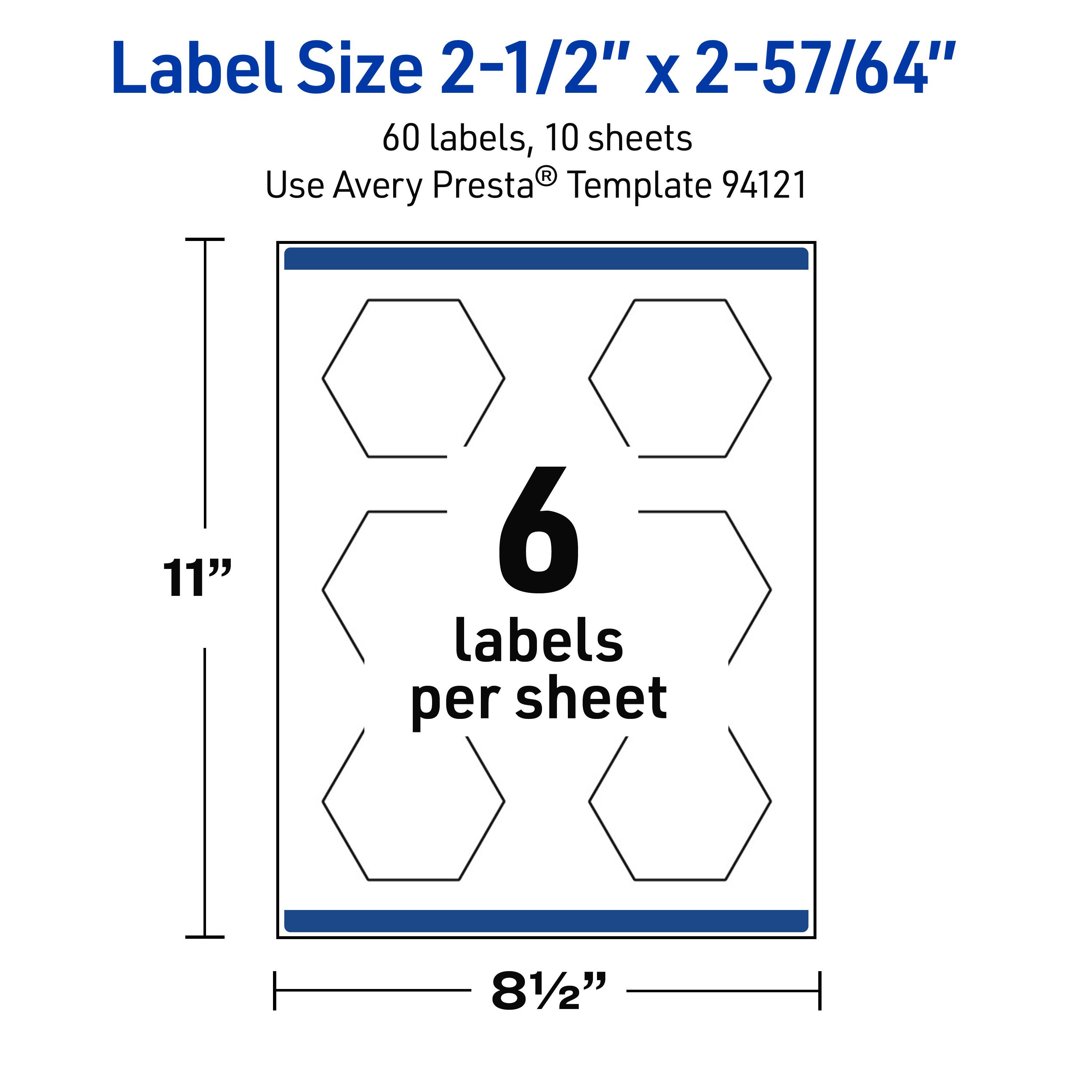 Label Size 2-1/2" x 2-57/64"  
60 labels, 10 sheets  
Use Avery Presta® Template 94121  
11" x 8-1/2"  
6 labels per sheet