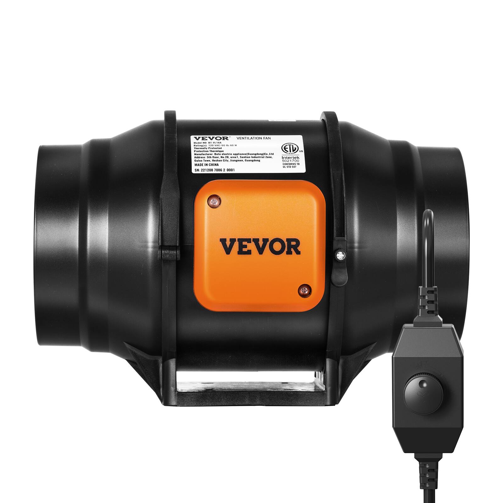 VEVOR VENTILATION FAN  
Model: VEF1200  
Voltage: 120V  
Frequency: 60Hz  
Power: 1/2 HP  
Amps: 1.5  
Watts: 180  
Speed: 1725 RPM  
Airflow: 1200 CFM  
Dimensions: 12" x 12" x 12"  
Weight: 22 lbs  
Made in China  
SN: 212100882 0001  

VEVOR