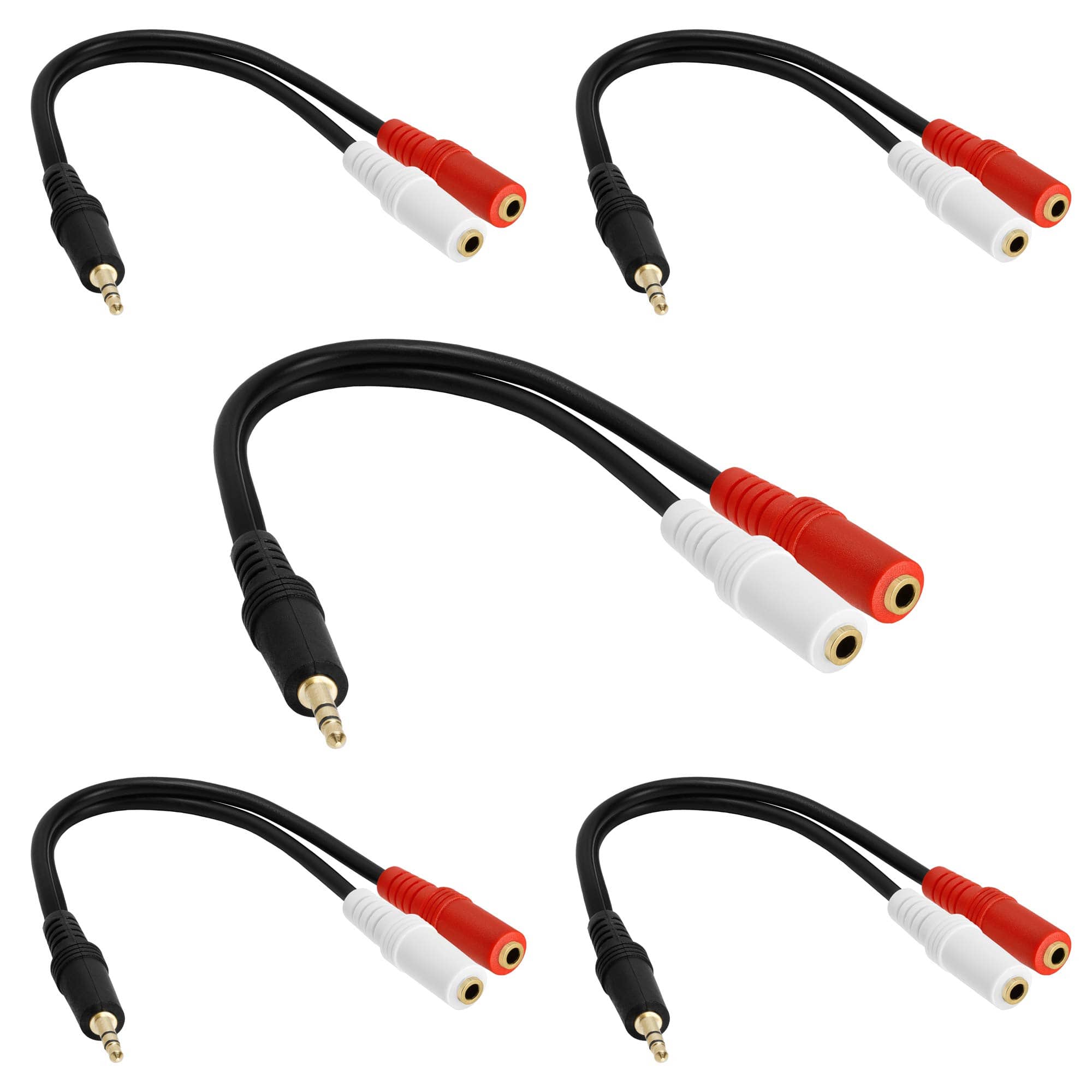 Cmple.com - Cmple - Stereo Audio Y Adapter Cable, 3.5mm to RCA & RCA Splitter, Male to Female AUX Cable - 5 Pack AUX M to 2 F Stereo - Black