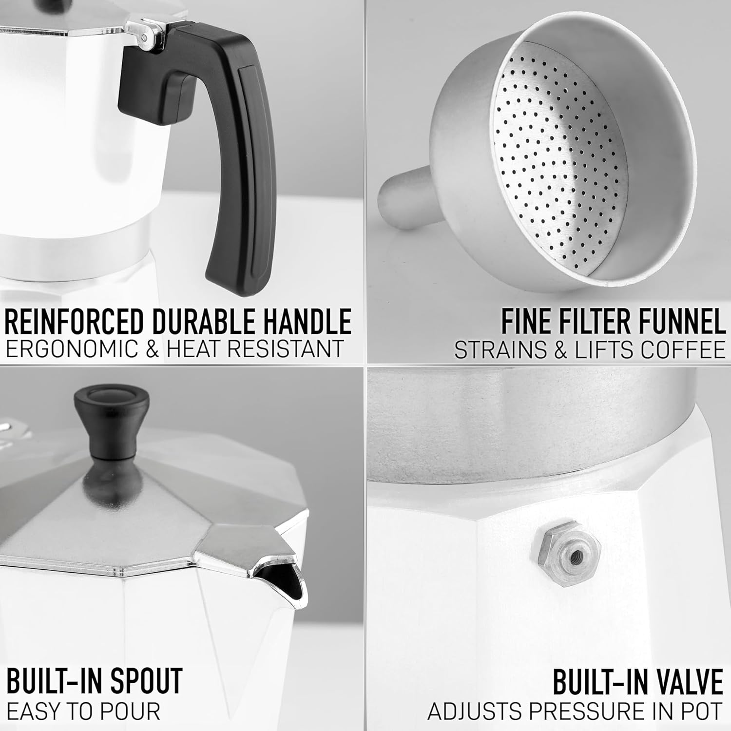 Here is the corrected and grouped text:

- Reinforced durable handle
- Ergonomic & heat resistant
- Fine filter funnel strains & lifts coffee
- Built-in spout easy to pour
- Built-in valve adjusts pressure in pot