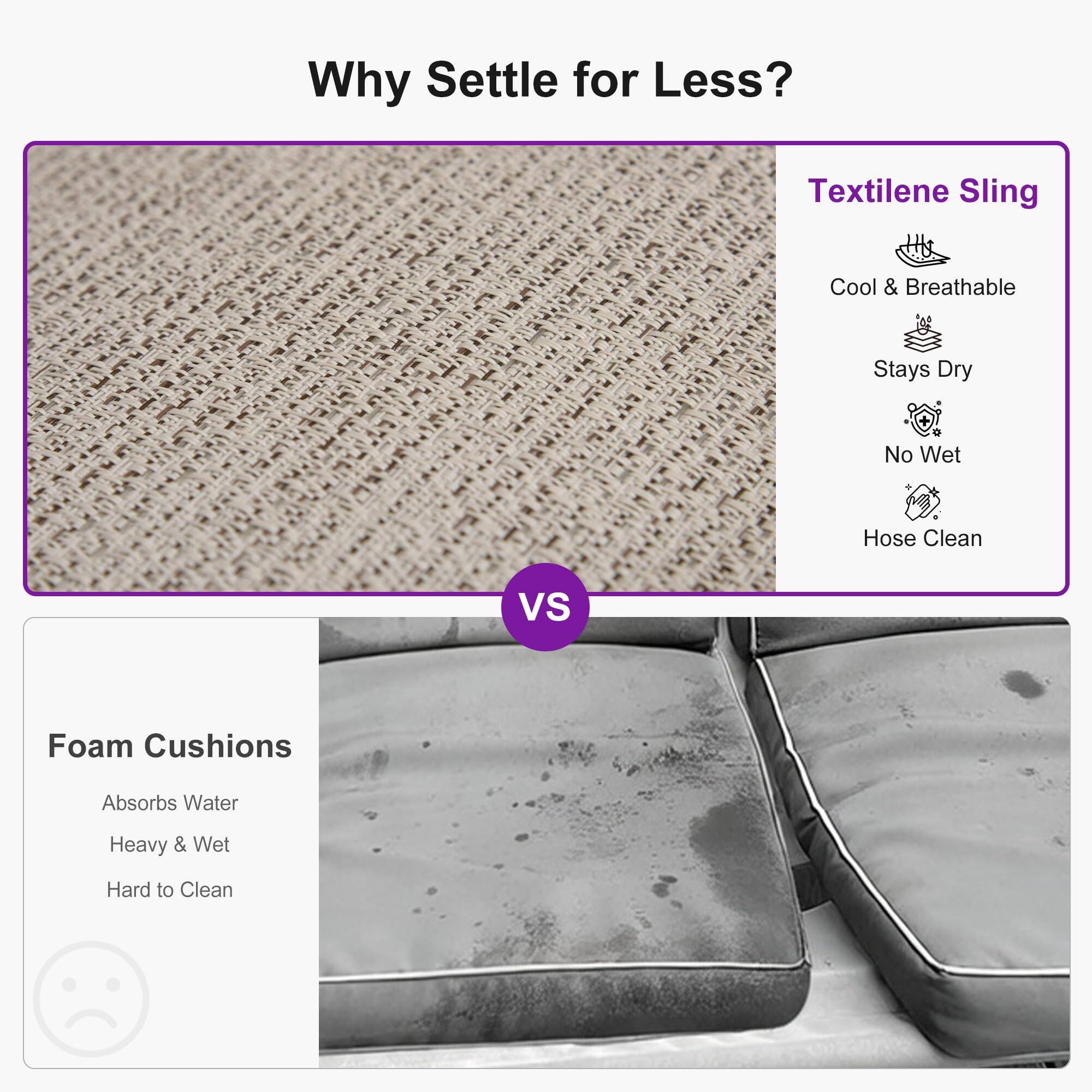 Why Settle for Less?

Textilene Sling
- Cool & Breathable
- Stays Dry
- No Wet
- Hose Clean

VS

Foam Cushions
- Absorbs Water
- Heavy & Wet
- Hard to Clean