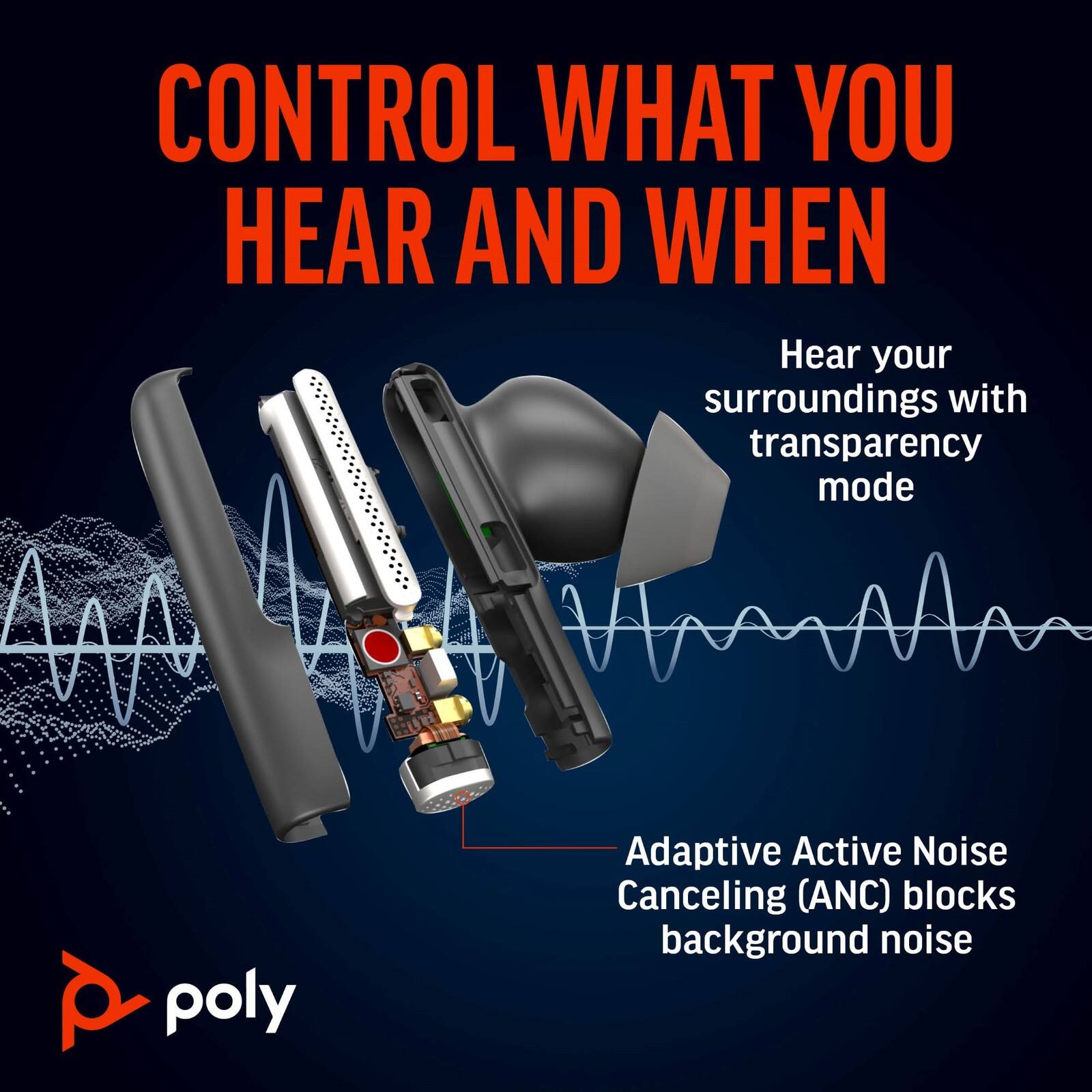CONTROL WHAT YOU HEAR AND WHEN

Hear your surroundings with transparency mode

Adaptive Active Noise Canceling (ANC) blocks background noise

poly