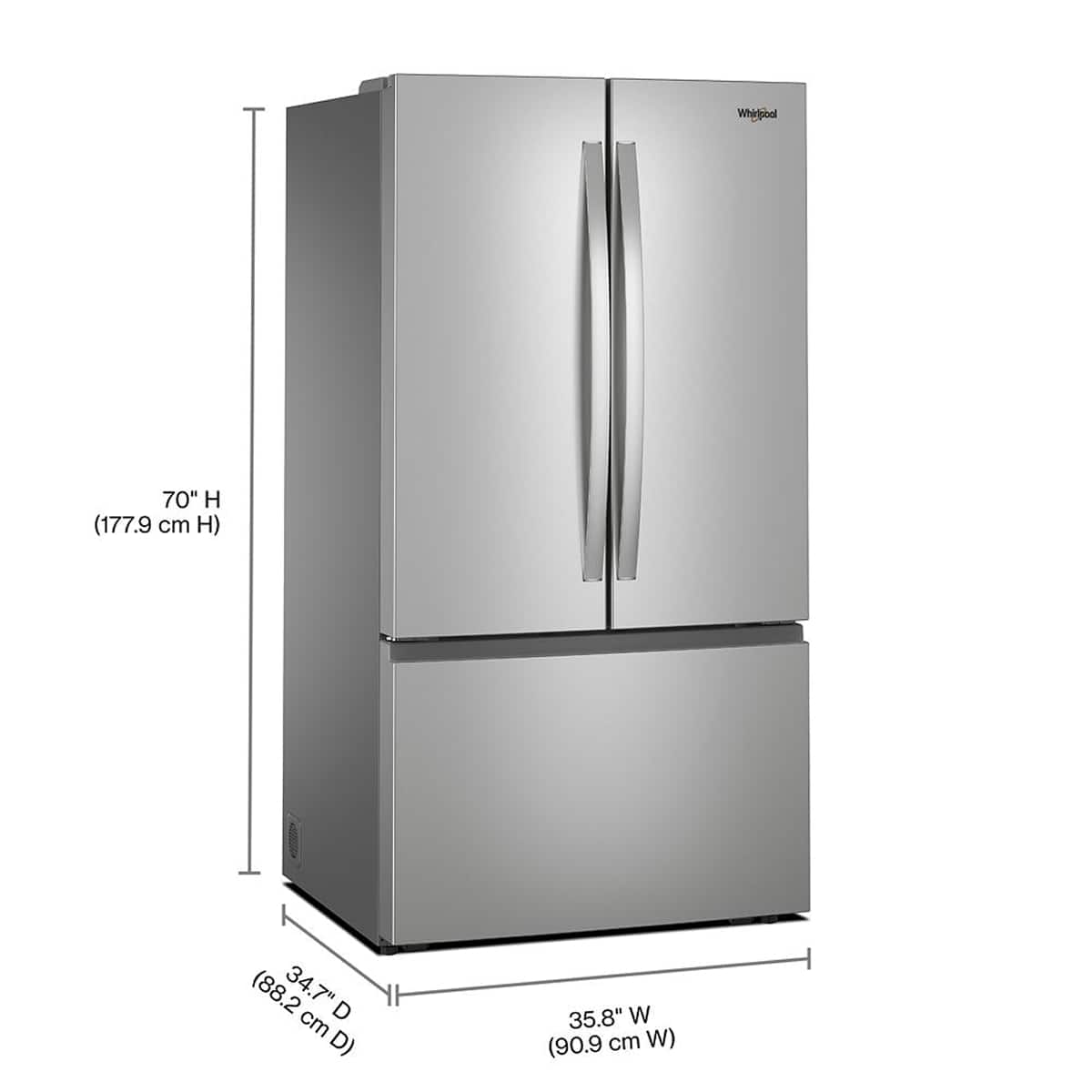 Whirlpool 70" H (177.9 cm H) 34.7" D (88.2 cm D) 35.8" W (90.9 cm W)