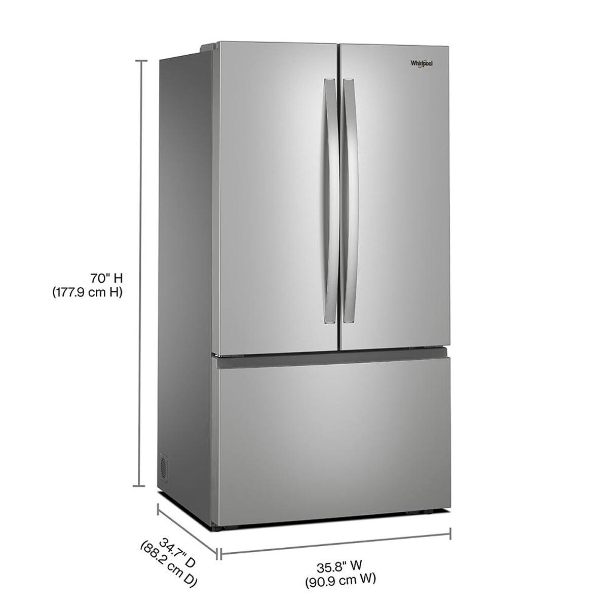 Whirlpool 70" H (177.9 cm H) 34.7" D (88.2 cm D) 35.8" W (90.9 cm W)