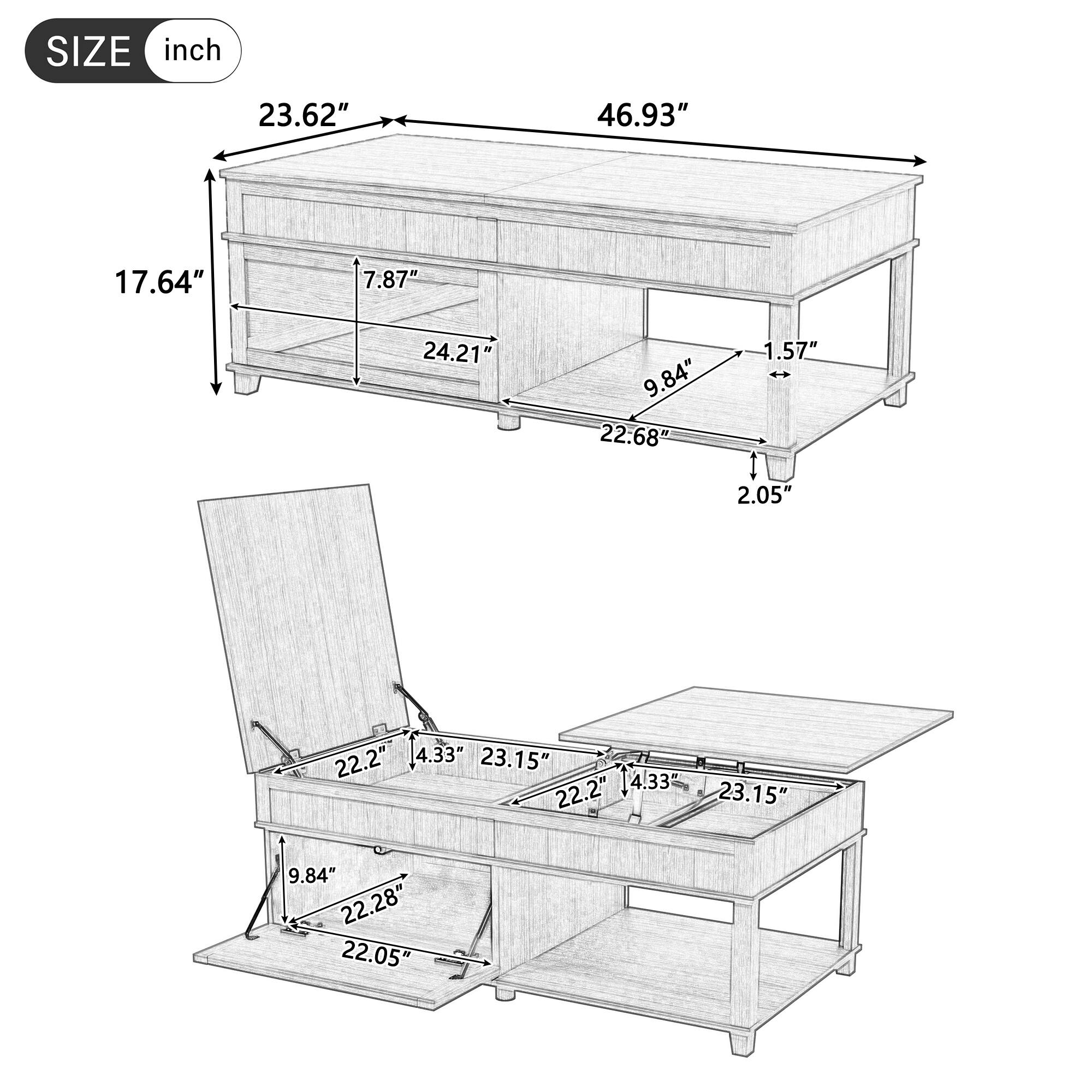SIZE inch  
23.62" 46.93" 17.64" 7.87" 24.21" 9.84" 22.68" 1.57" 2.05" 22.2" 4.33" 23.15" 22.2" 14.33" 23.15" 9.84" 22.28" 22.05"